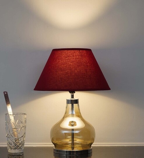 Ingram Smoke Glass And Metal Table Lamp With Maroon Cotton Shade