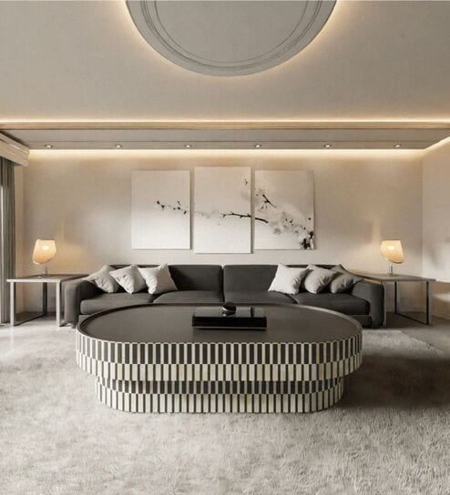 Noir Striped Inlay Oval Coffee Table in Black Finish