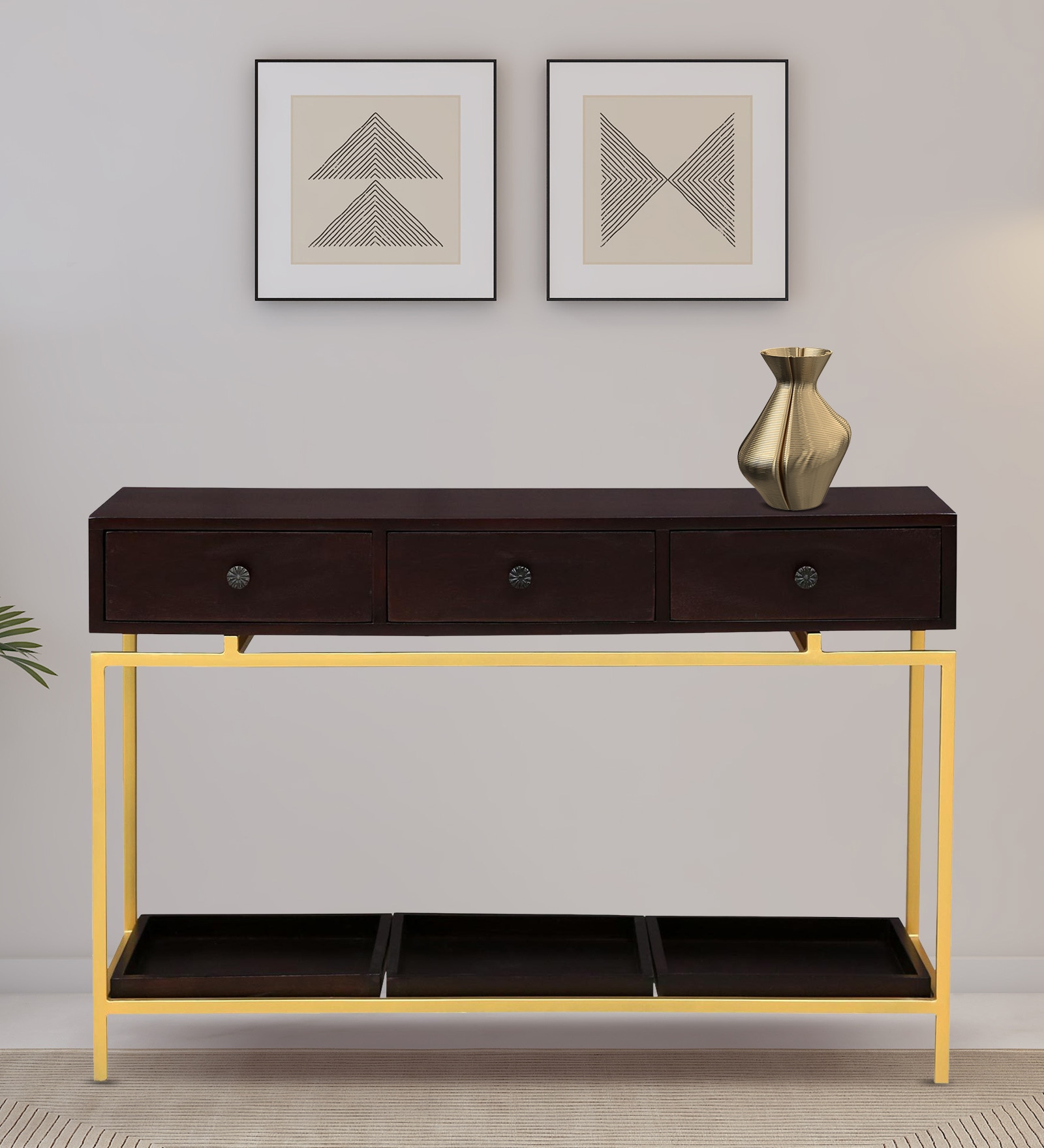 Ioannina Solid Wood Console Table In Brown & Gold Finish
