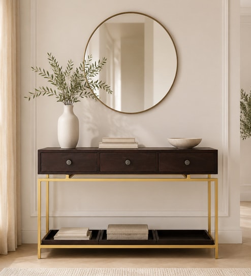 Ioannina Solid Wood Console Table In Brown & Gold Finish
