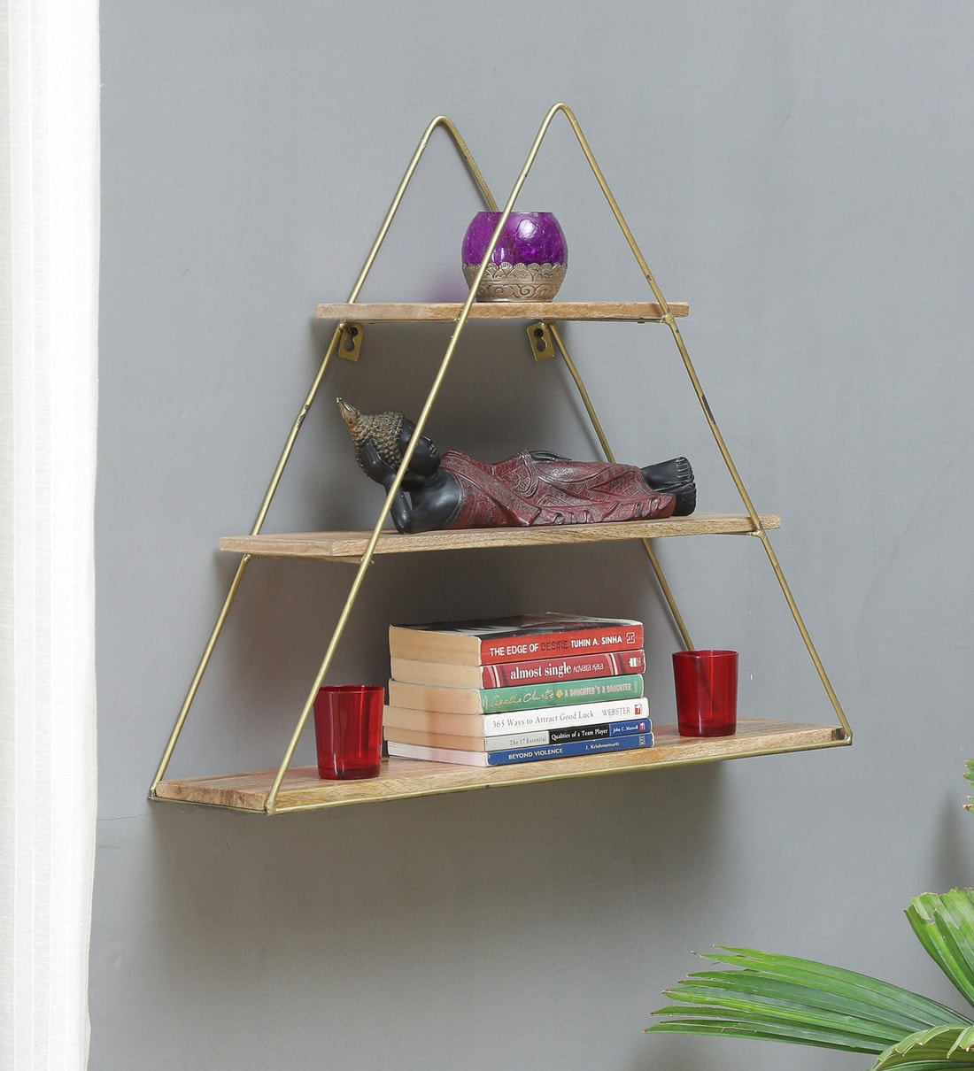 Buy Iron And Wood Triangle Wall Shelf In Brown Color By Bohemiana