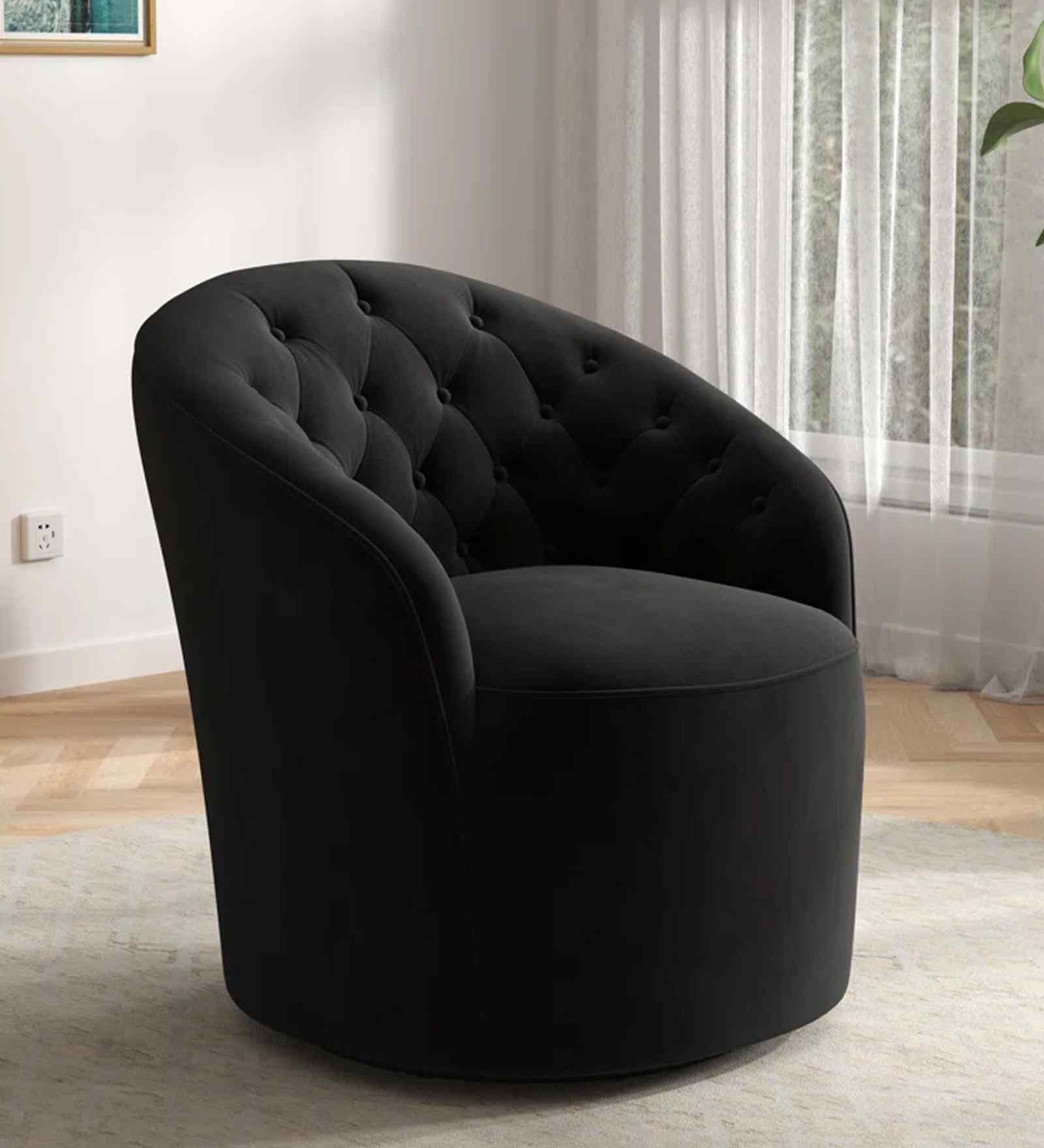 Irasema Velvet Fabric Barrel Chair In Black Colour
