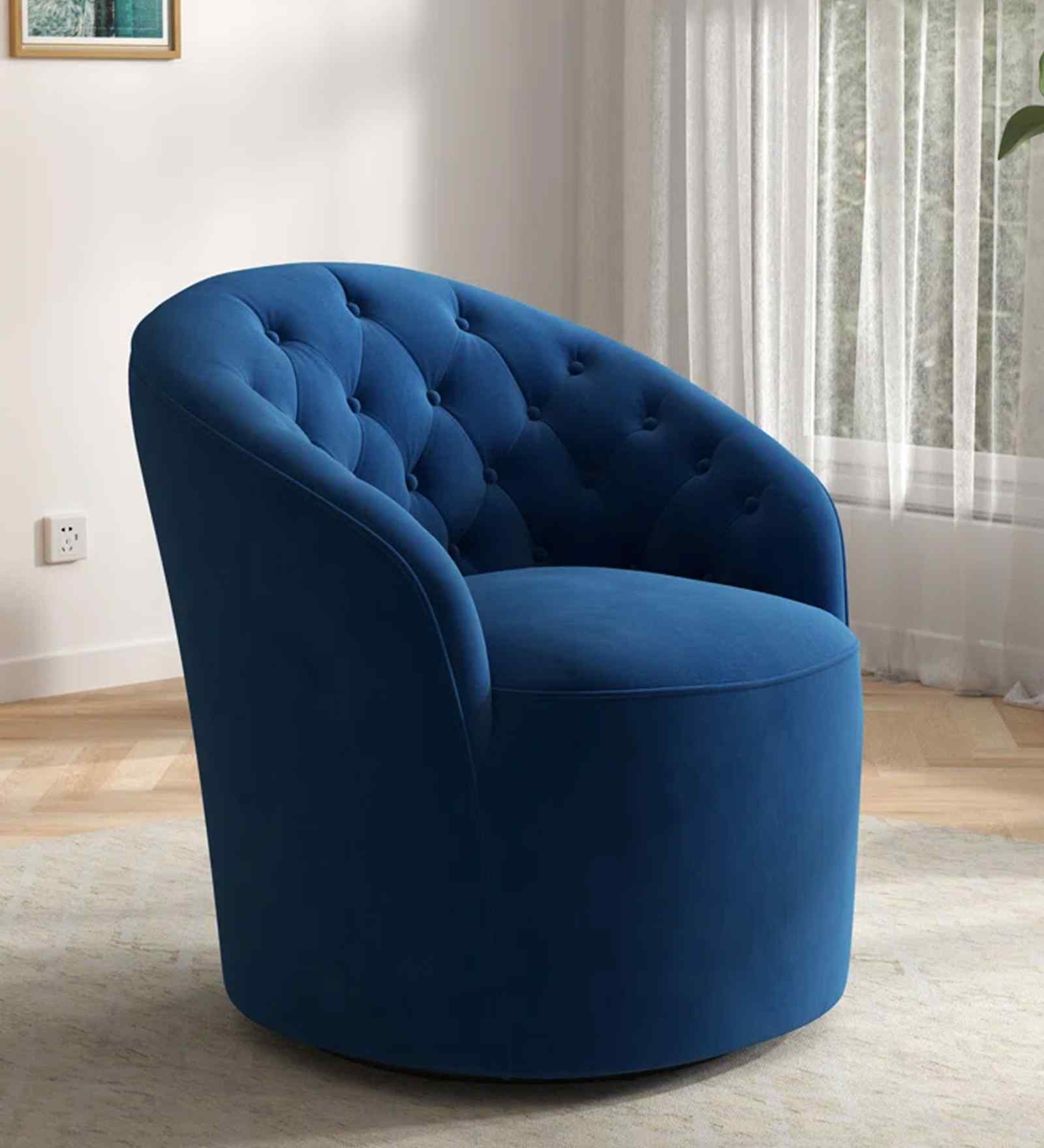 Irasema Velvet Fabric Barrel Chair In Blue Colour