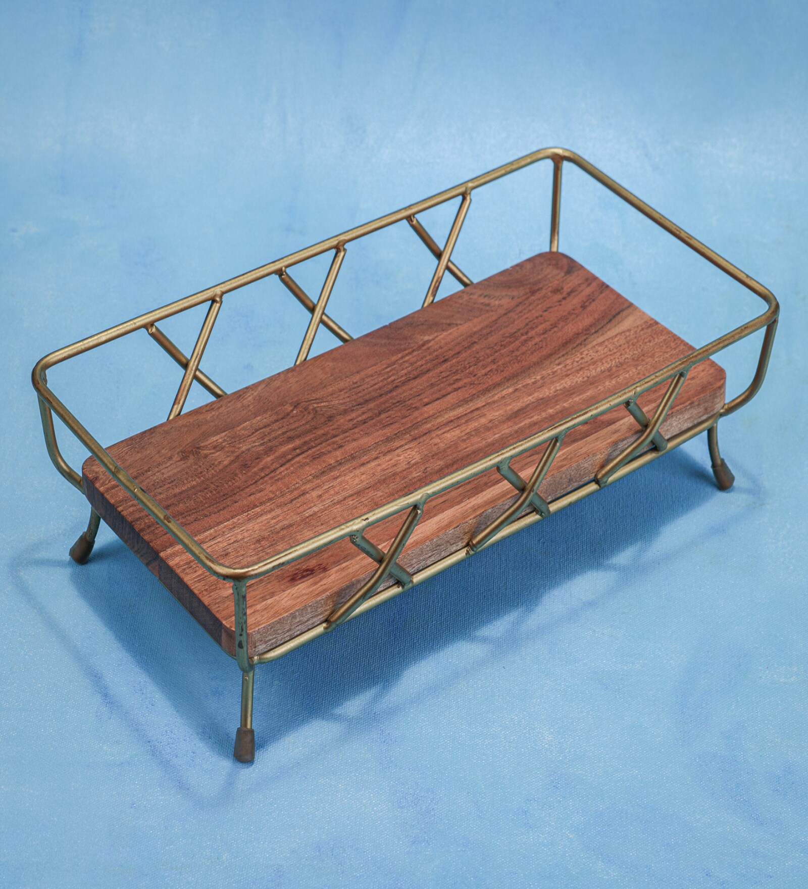 Ireha Homes Harvest Glow Metal Fruit Basket with Acacia Wood