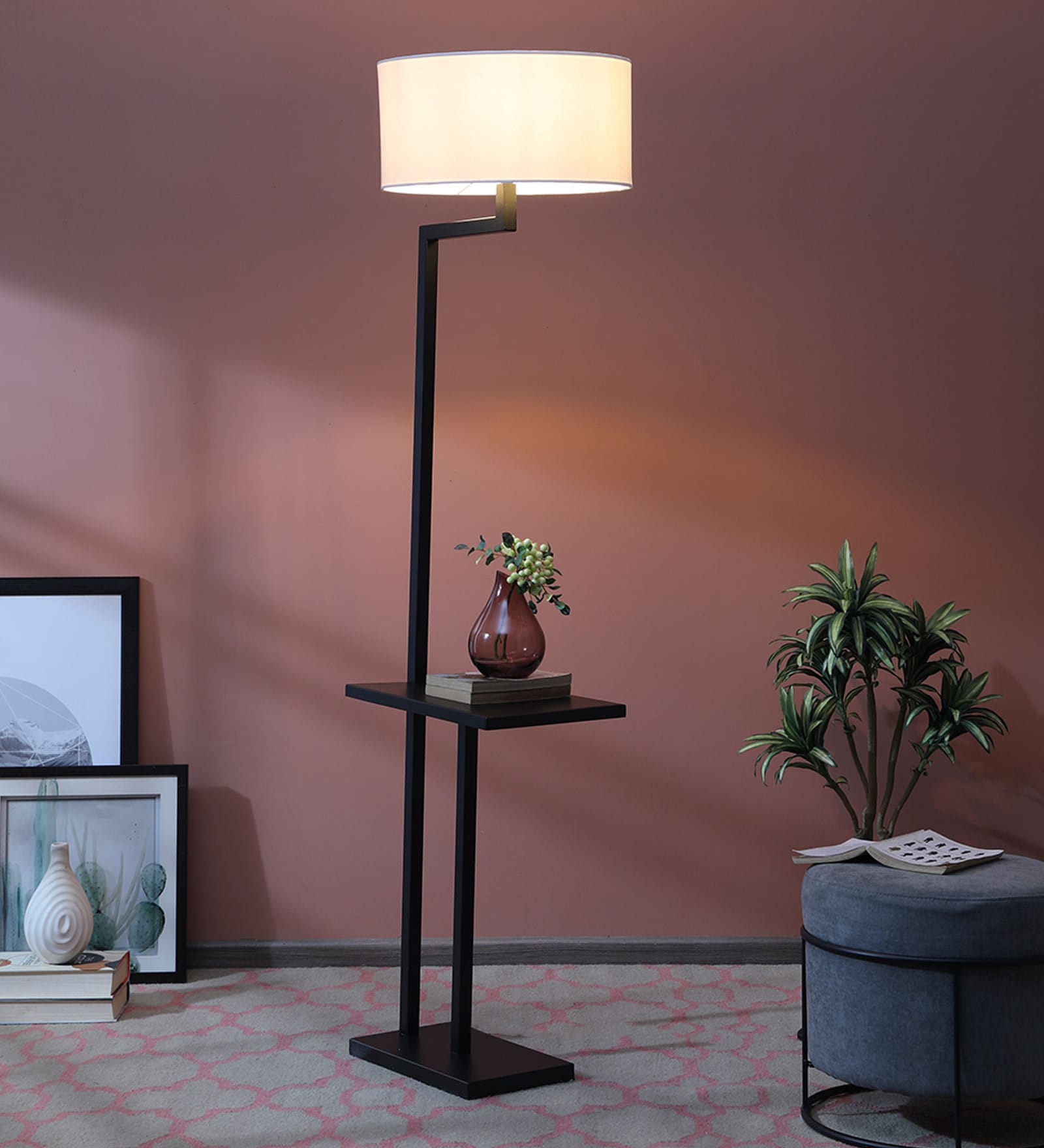 Frappe White Fabric Shade Shelf Floor Lamp With Metal Base