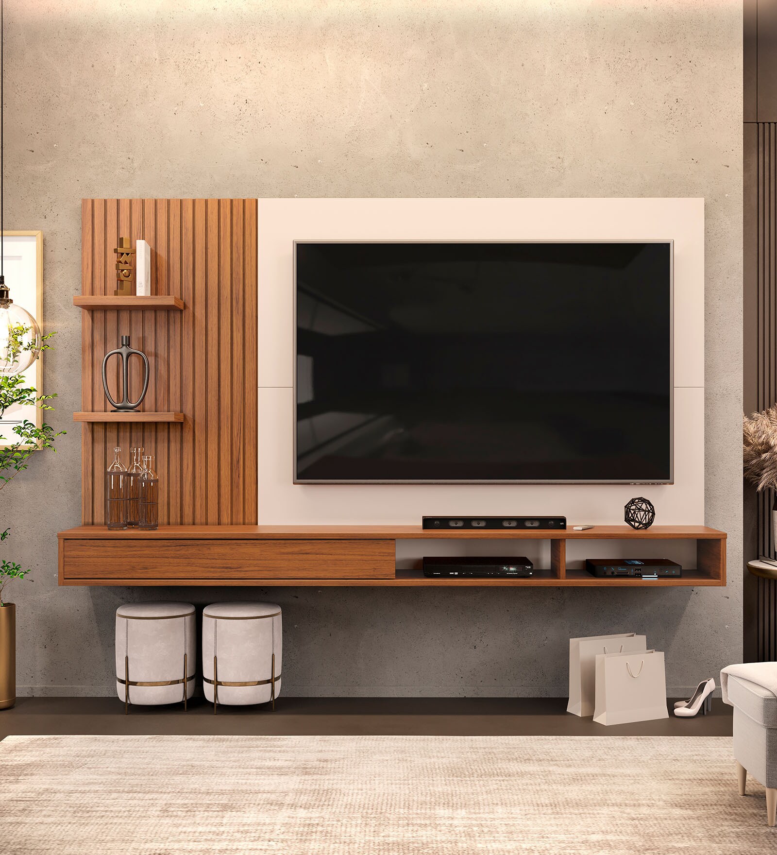 Iris Tv Unit In Freijo & Off White Finish For Tvs Up To 70"