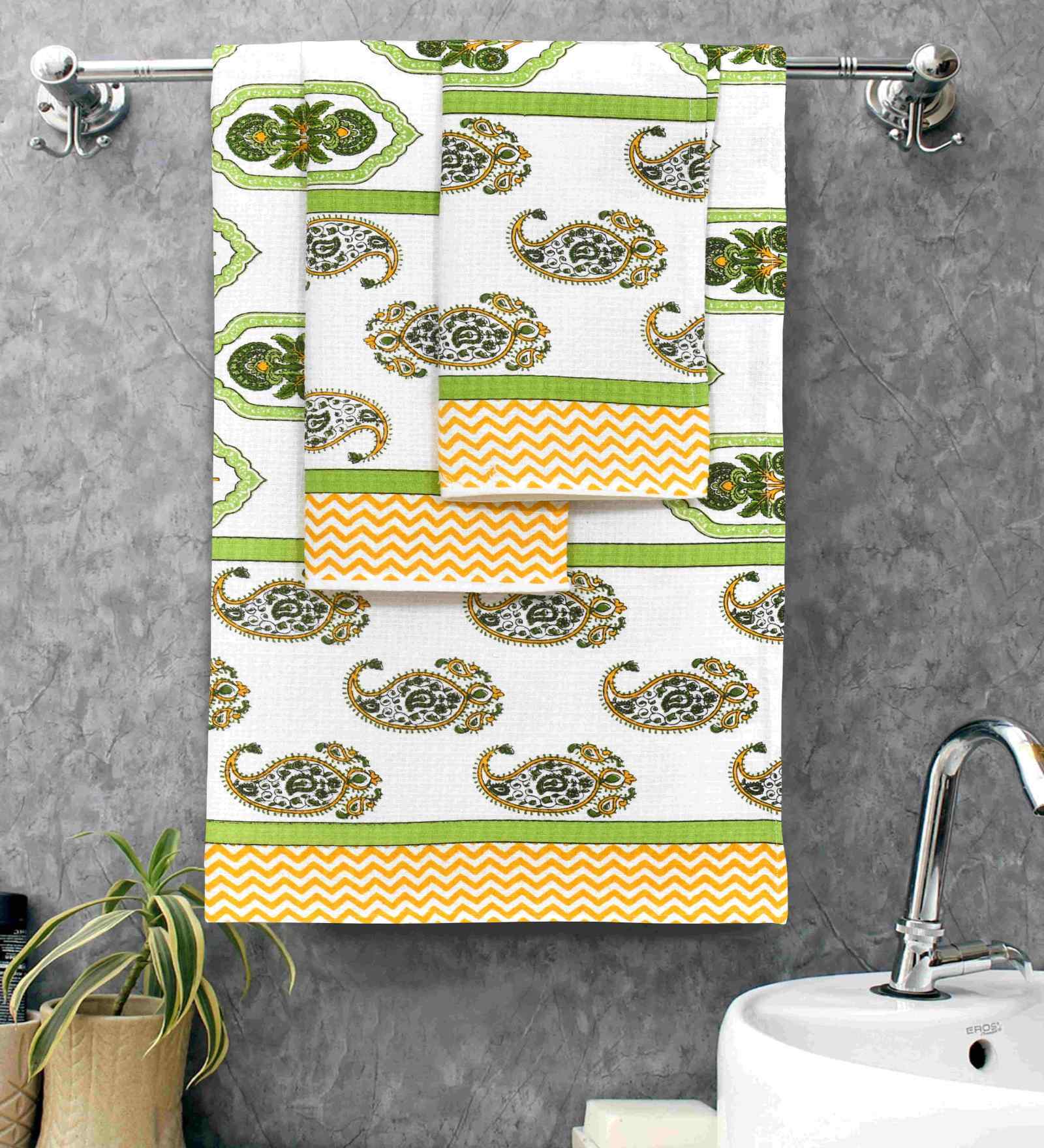 Irish Green Madhuban Floral Waffle Cotton 250 GSM Bath & Hand Towel Set