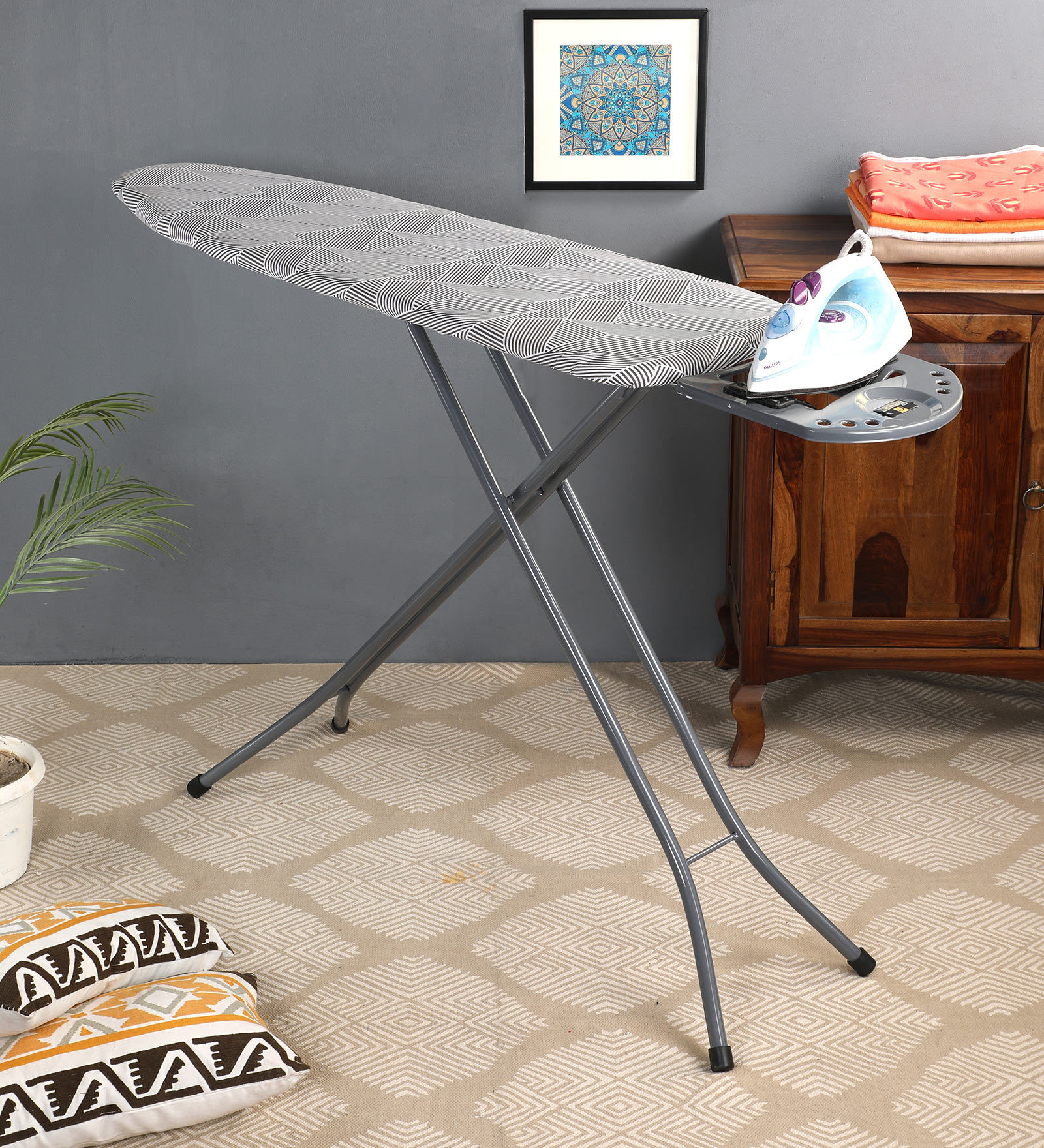 Iron Ironing Board With Iron Holder In Black (L: 35 W: 15, H: 65 Inches)