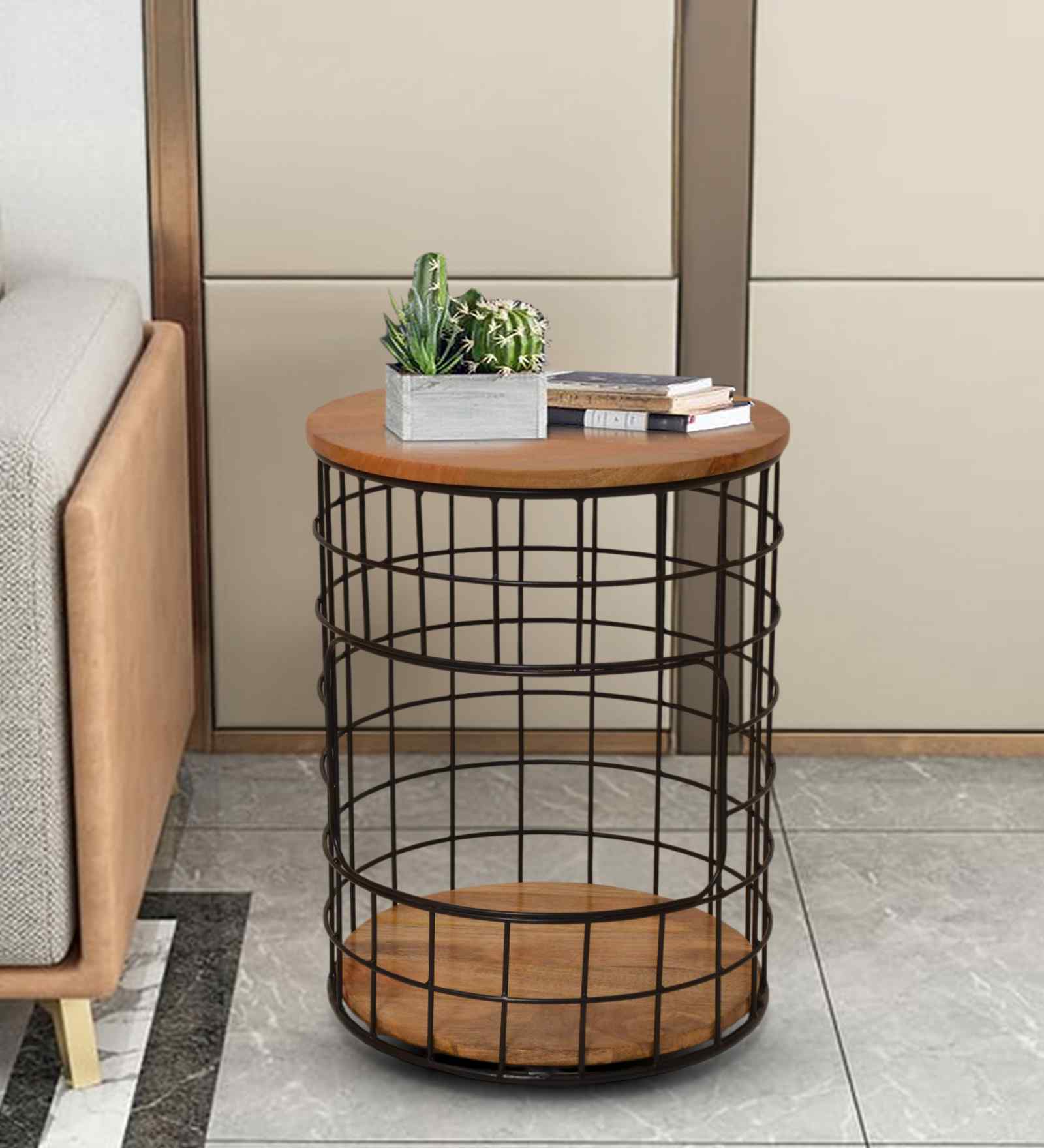 Iron Cage Barrel Metal Side Table in Brown Finish