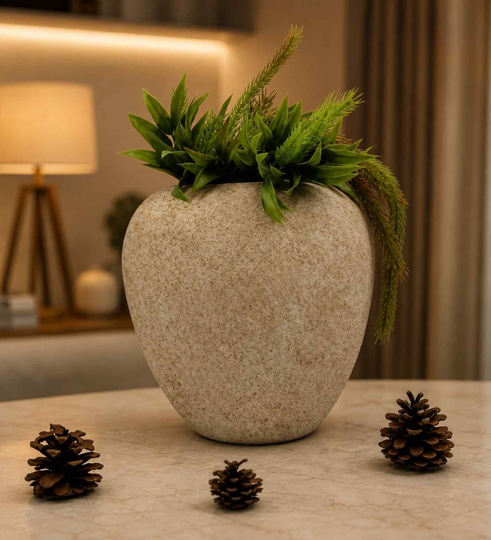 Iron Flower Vase, White Grainy Textured Urn Shape