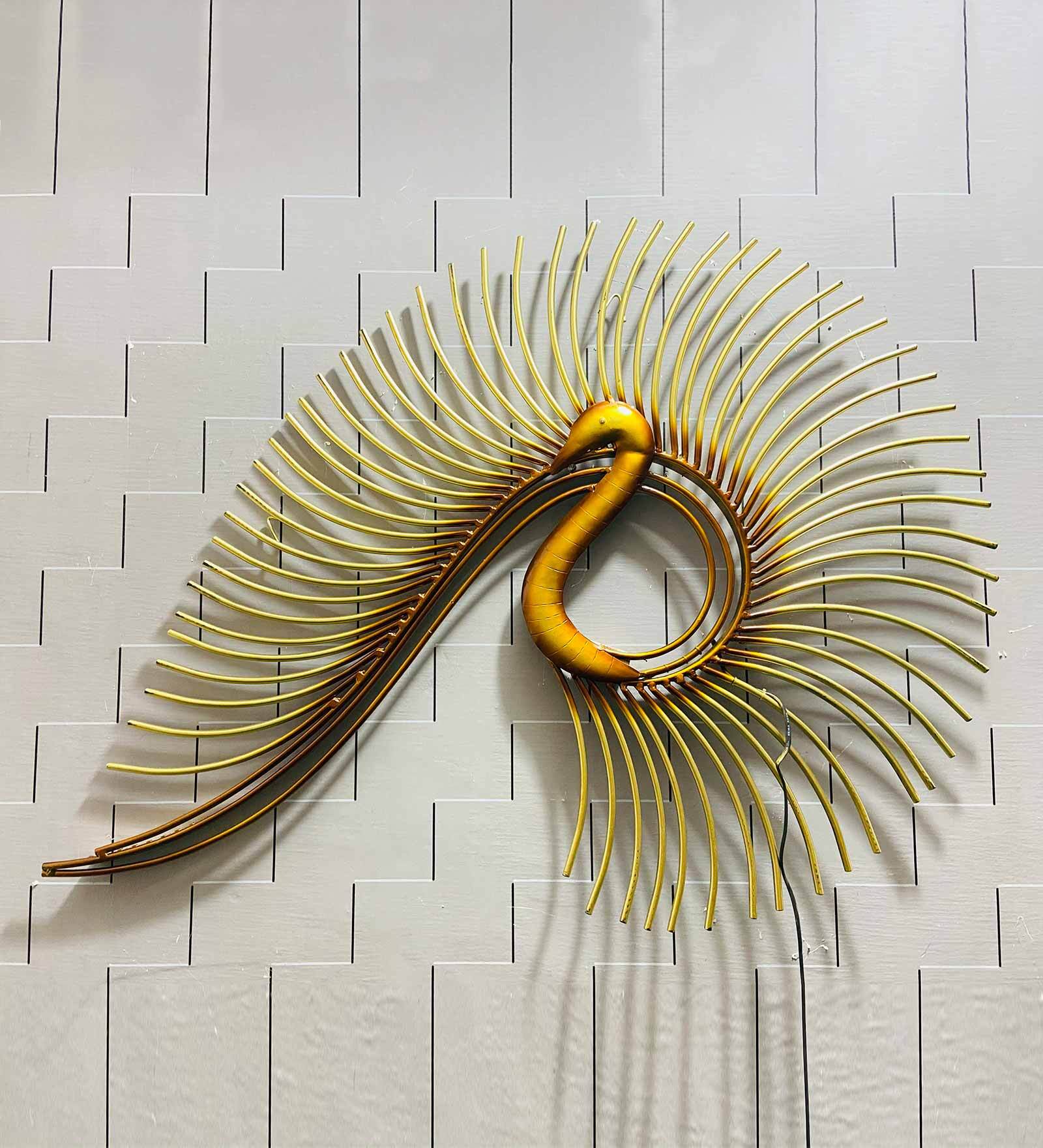 Iron Gold Pipe Peacock Metal Wall Decor With Led