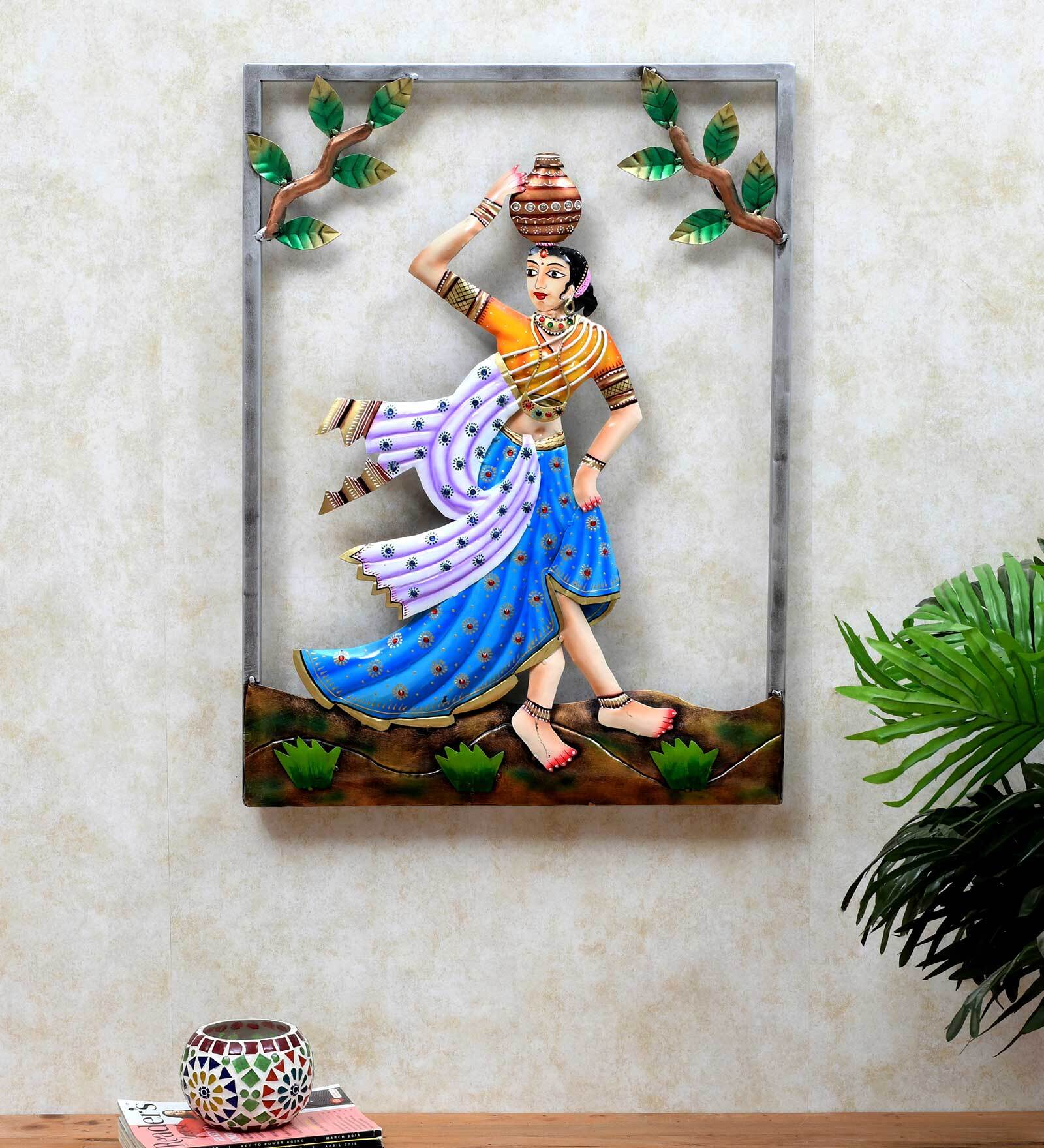 Iron Hand Painted Village Panihari Fine Art Frame Metal Wall Art
