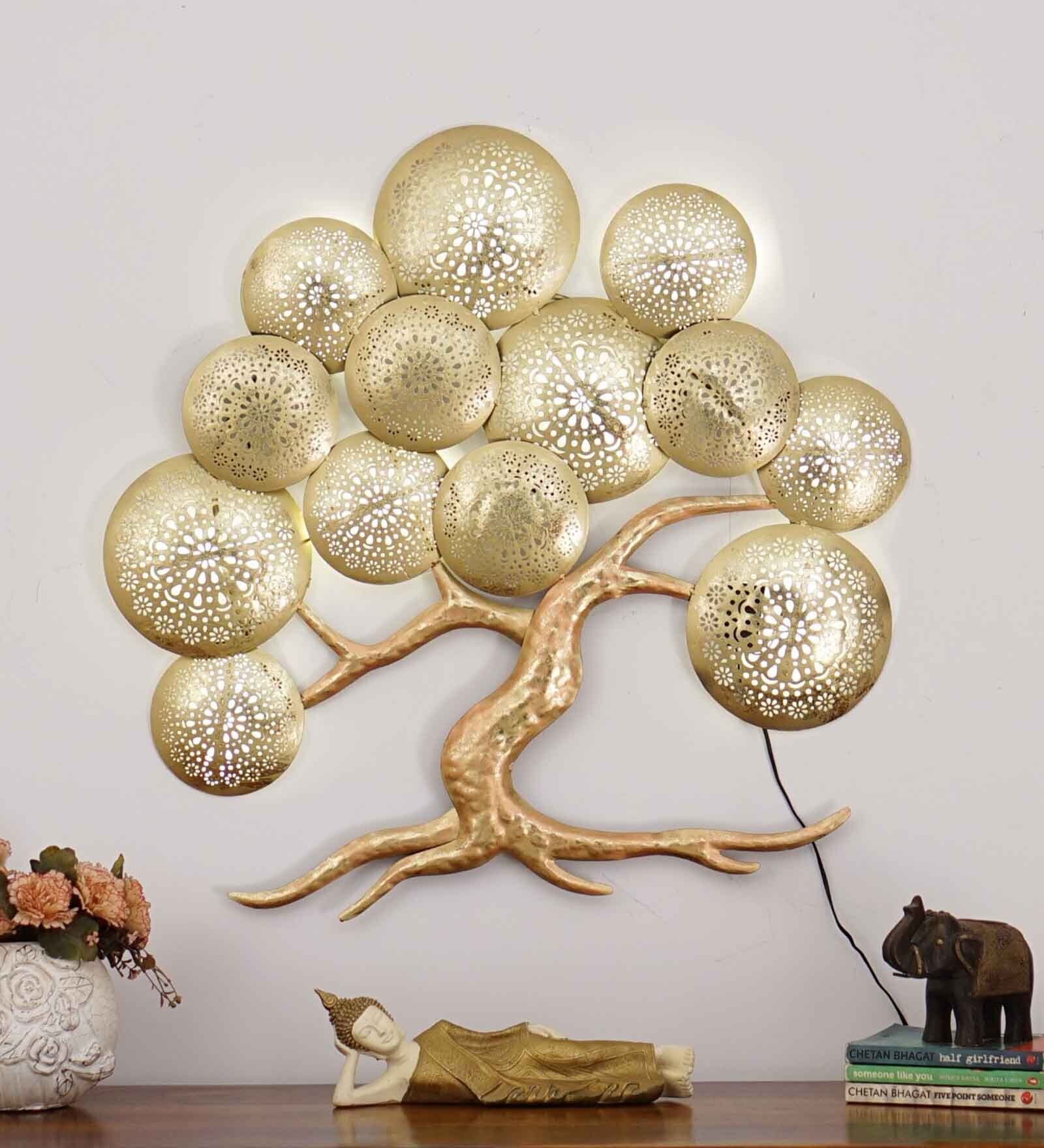 Iron Jaanese Gold Tree With LED Metal Wall Art