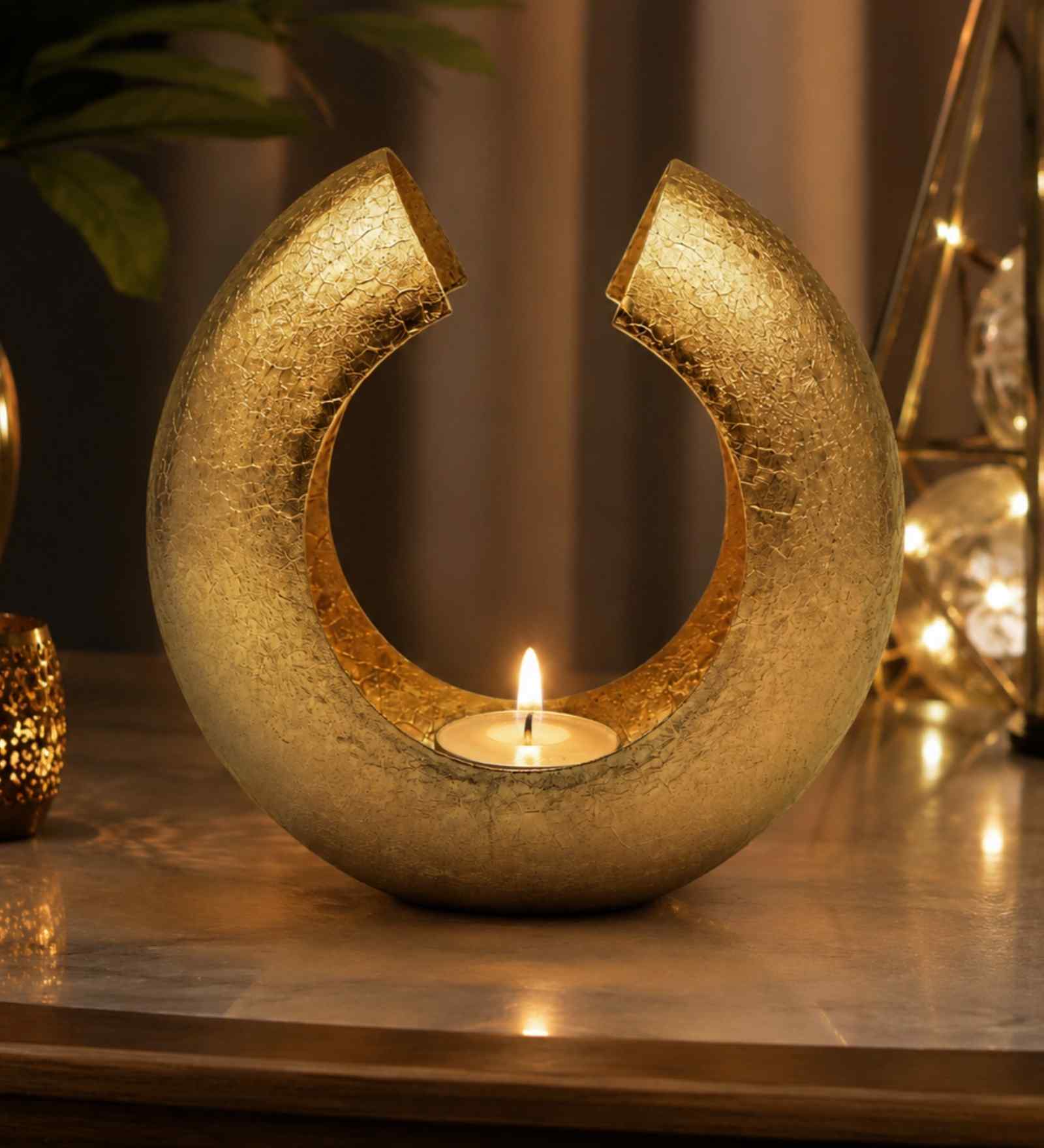 Iron Moon-Shape Tealight Holder,Hammered Black & Gold Finish