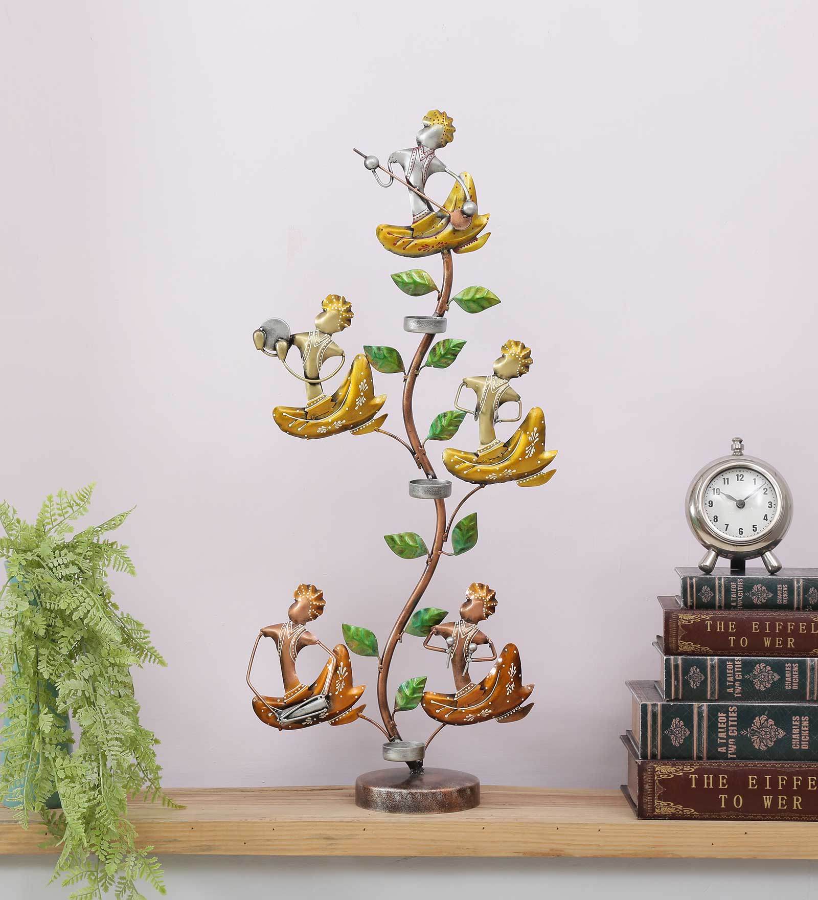 Iron Painted Krishna Musicians Tree Table Top with Candle Stands
