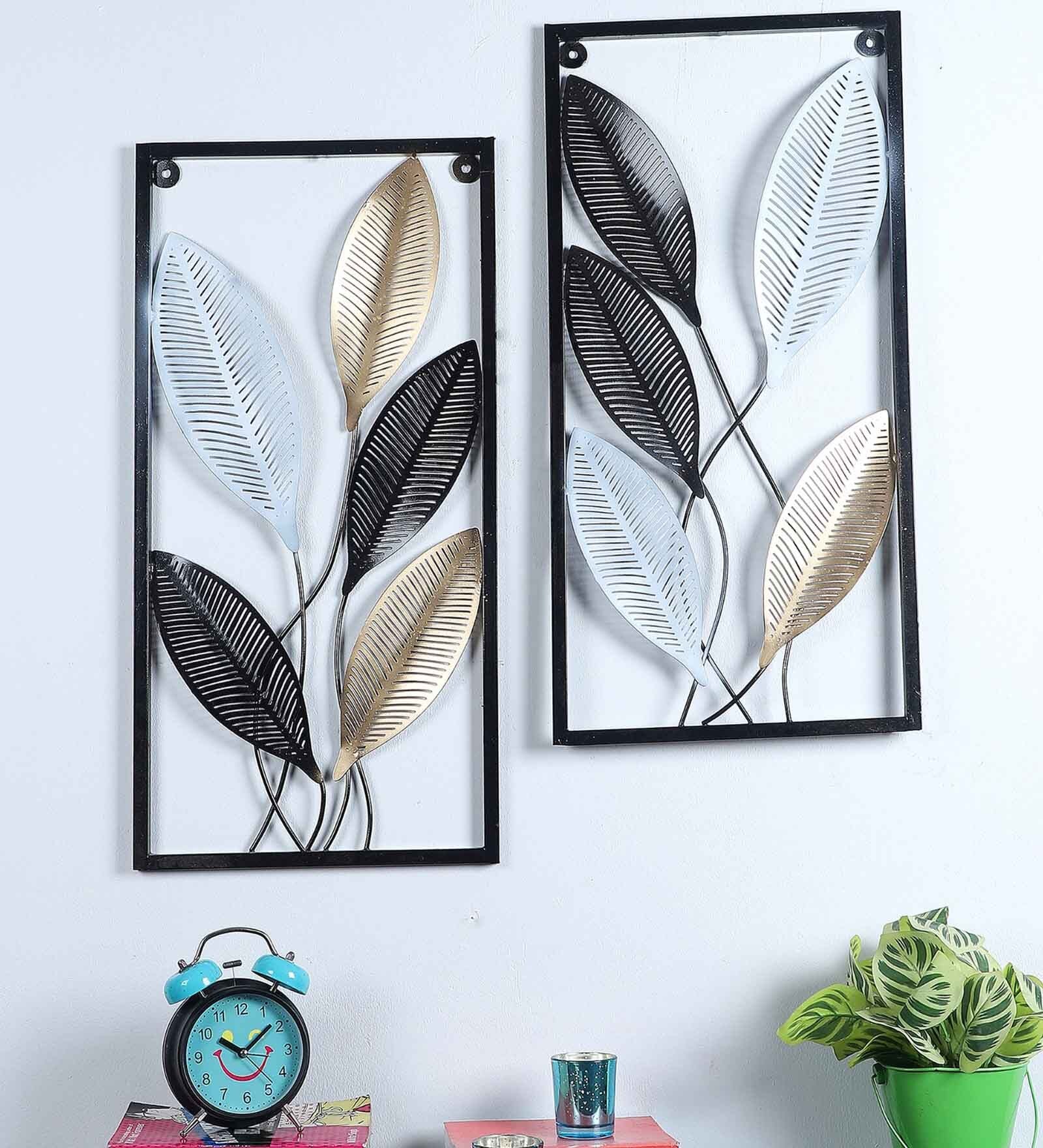 Rectangular Black, Gold, SIlver Leaves Wall Decor Set of 2