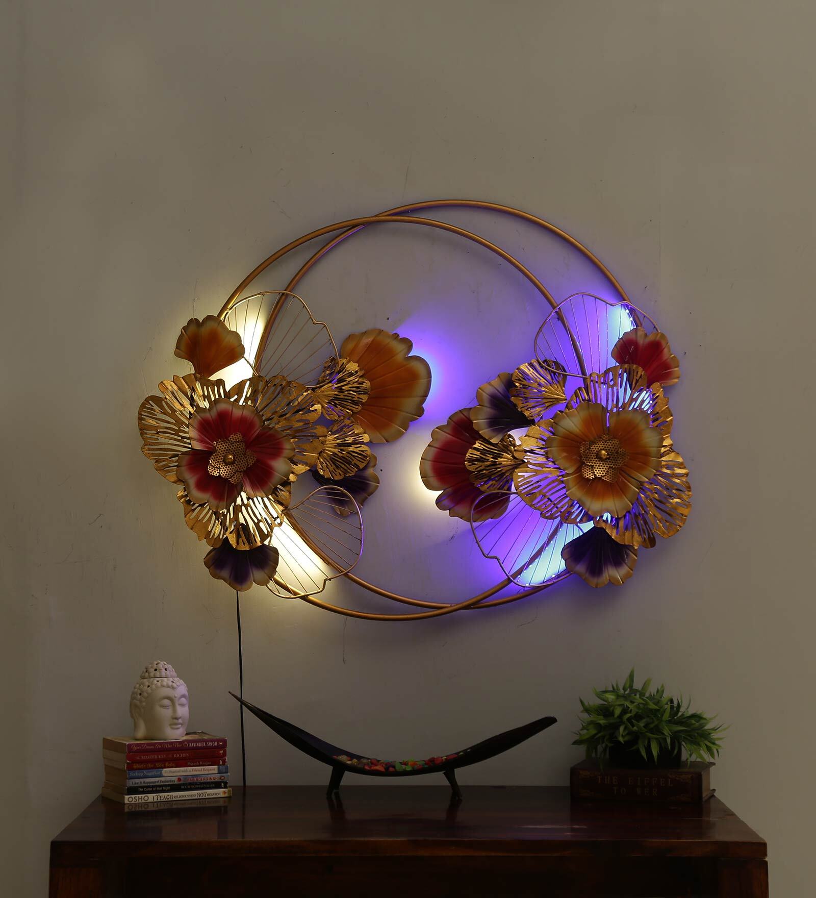Iron Leaf Panel Wall Art With LED In Red