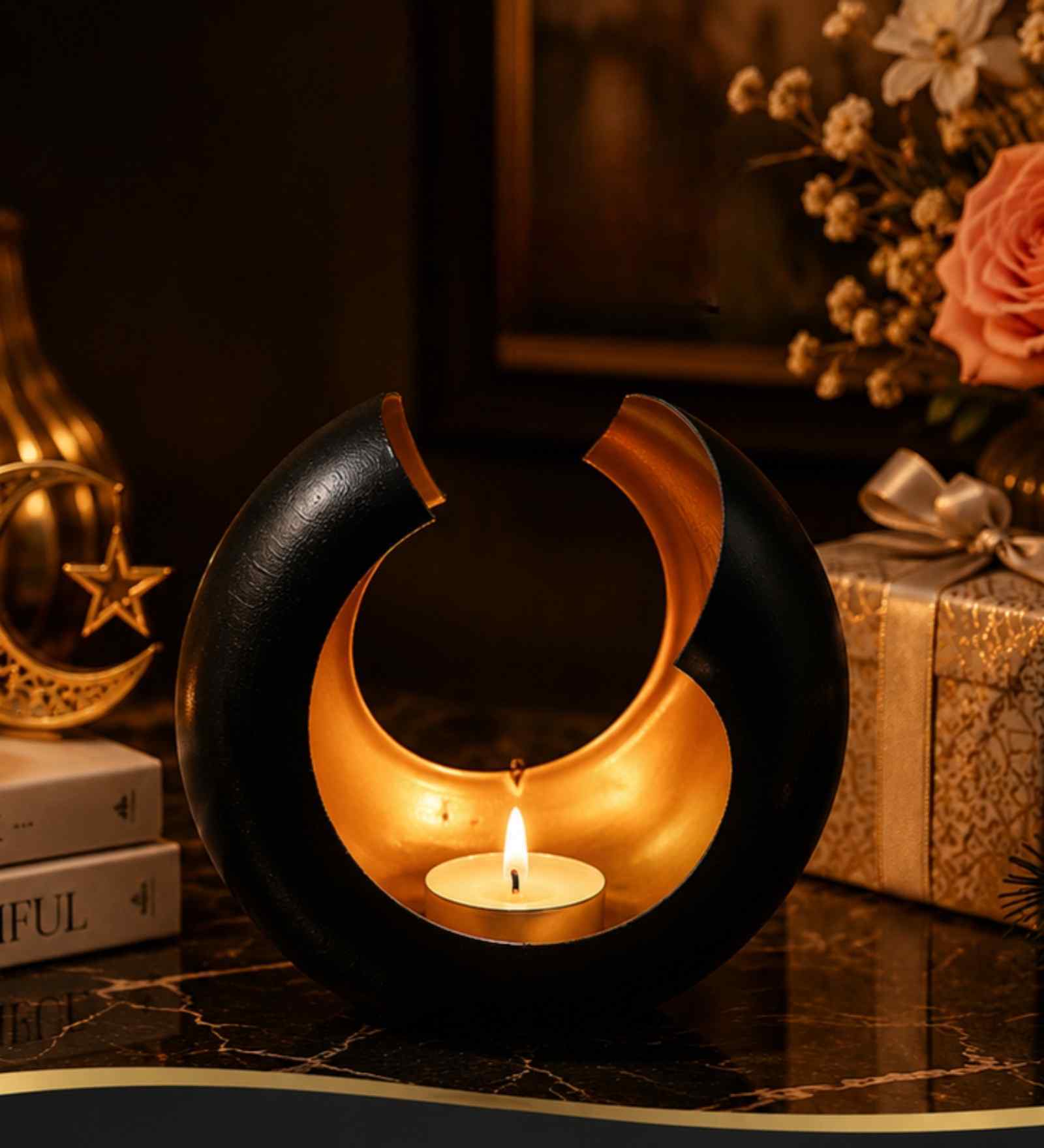 Iron Tealight Holder, Matte Black & Gold Finish