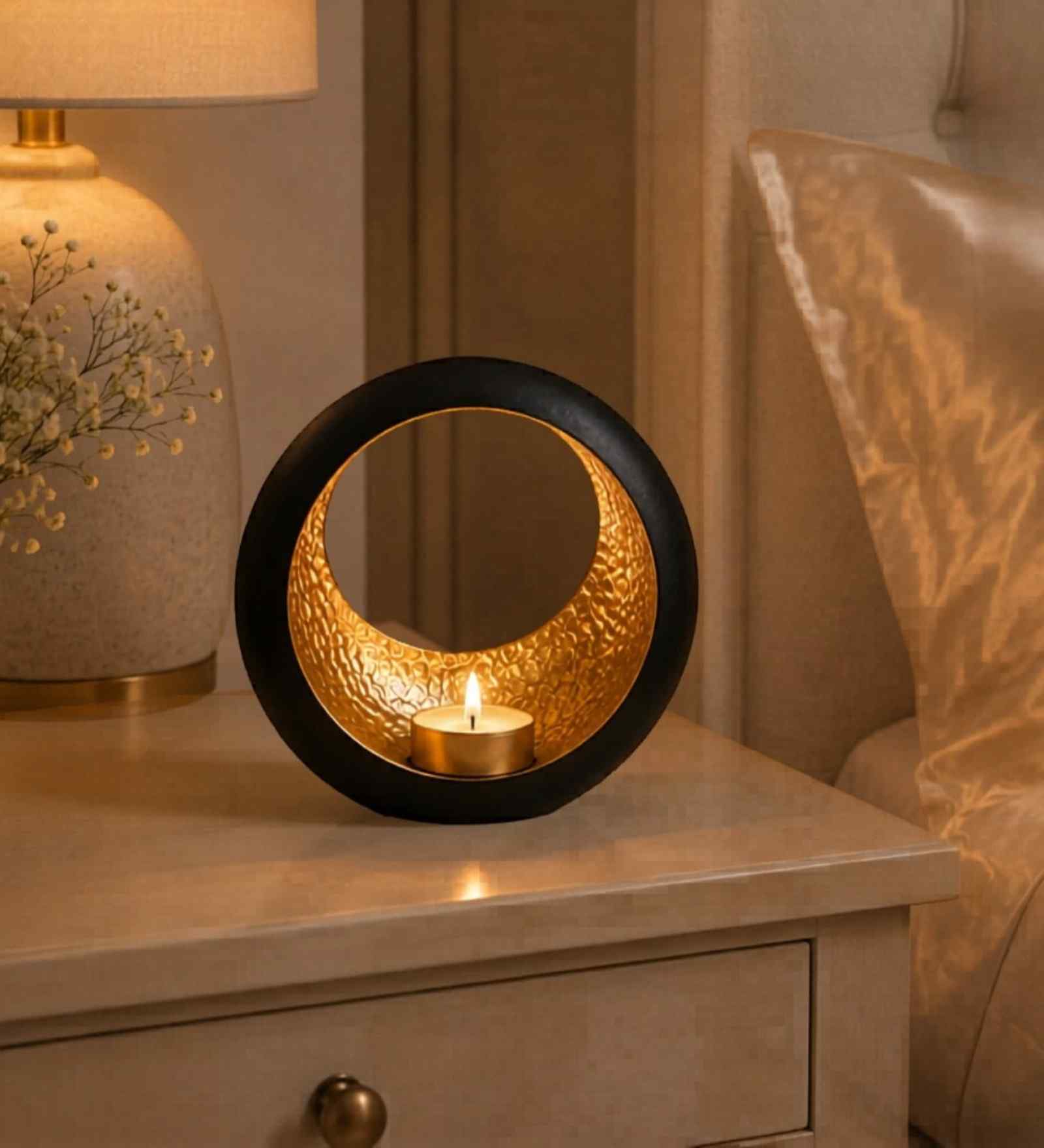 Iron Tealight Holder, Round Black & Gold Finish