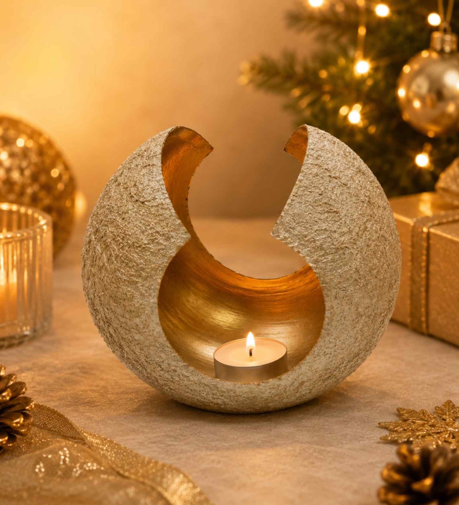 Iron Tealight Holder, White Grainy & Gold Finish