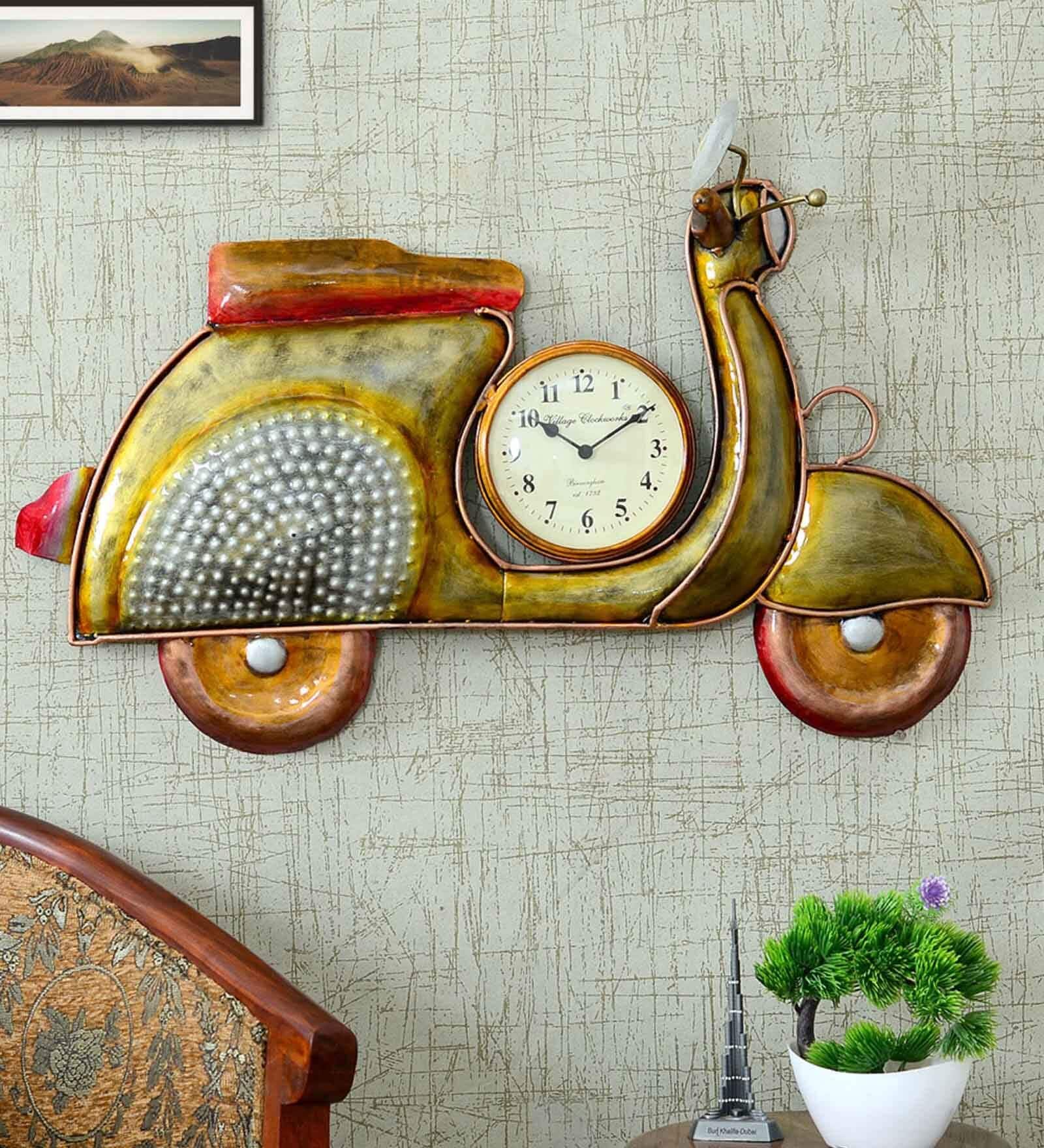 Iron Wall Decorative Scooter With Clock