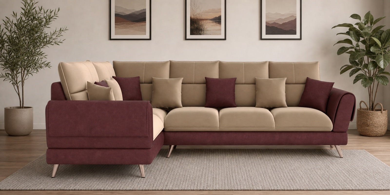 Ira 6 Seater RHS Sofa In Soft Tan Color