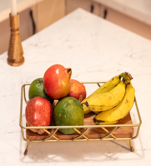 Harvest Glow Metal & Acacia Wood Fruit Basket