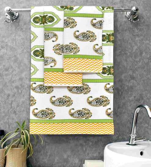 Irish Green Madhuban Floral Waffle Cotton 250 GSM Bath & Hand Towel Set