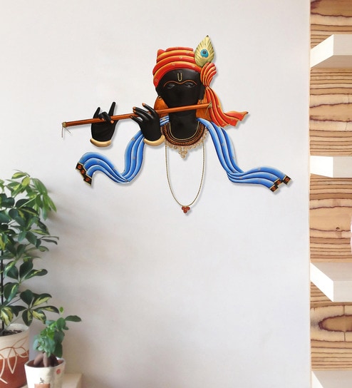 Wrought Iron Lord Krishna Wall Art In Orange By eCraftIndia