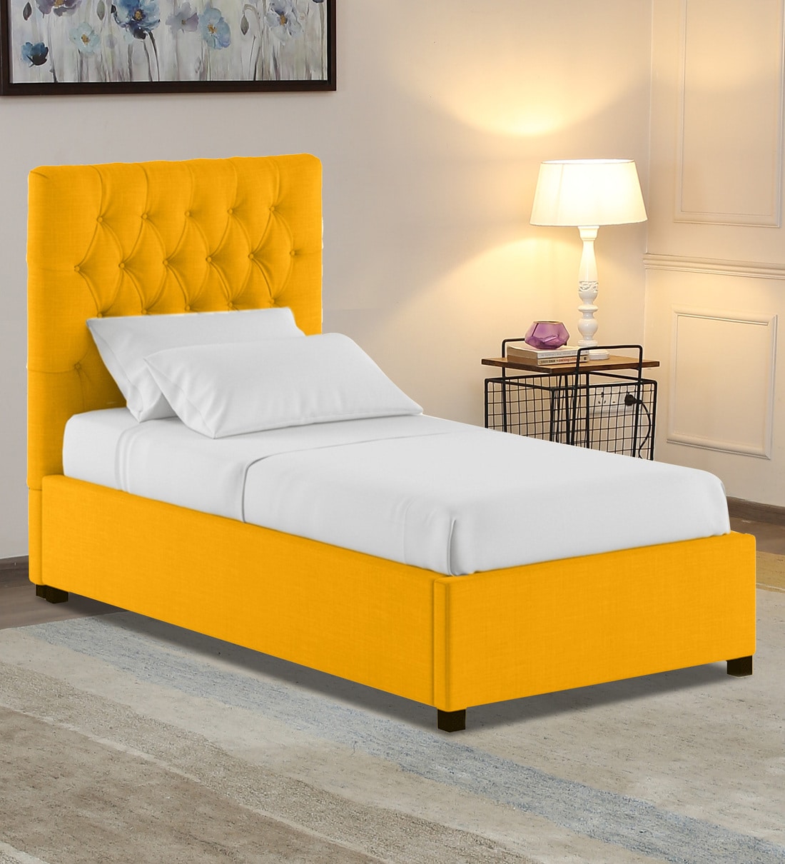 Buy Isko Fabric Upholstered Single Bed in Bold Yellow Colour with Box