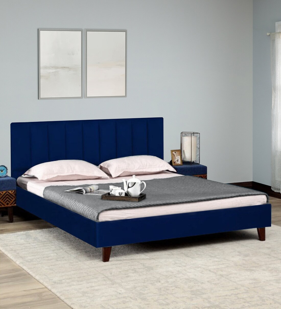 Buy Isobel Upholstered Queen Size Bed In Blue Colour at 12 OFF by