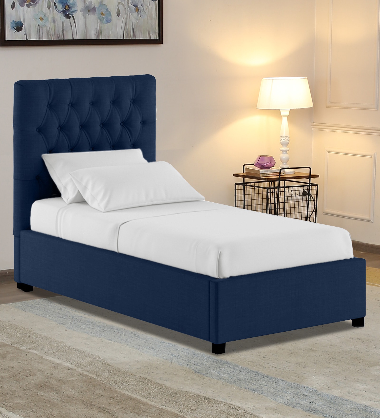 Isko Fabric Upholstered Single Bed in Royal Blue Colour with Hydraulic Storage