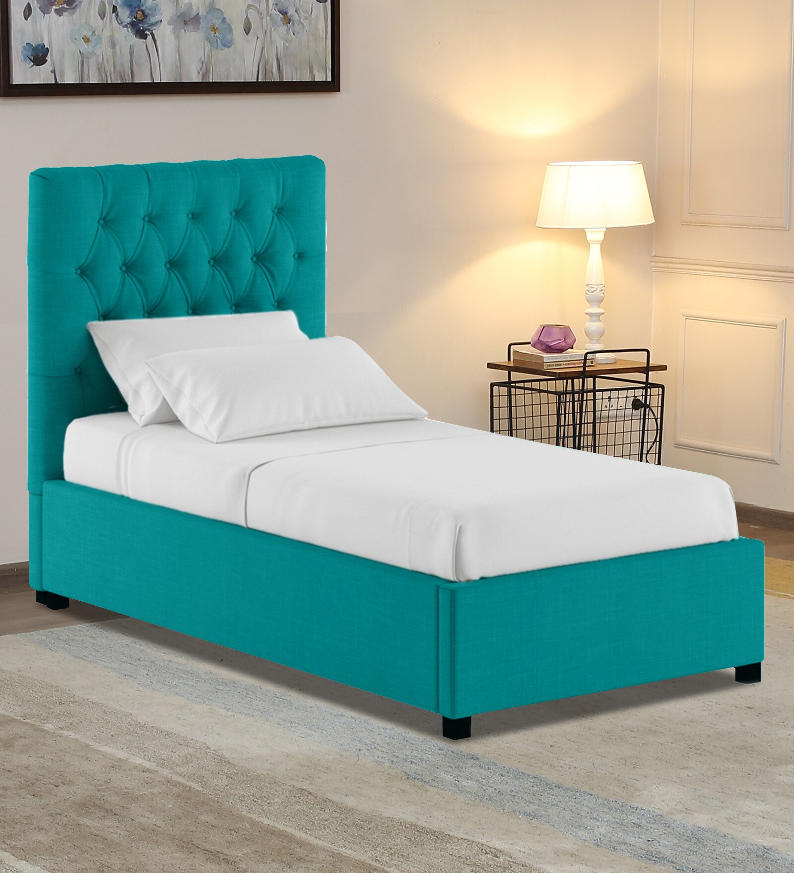 Buy Isko Fabric Upholstered Single Bed in Sea Green Colour with Box