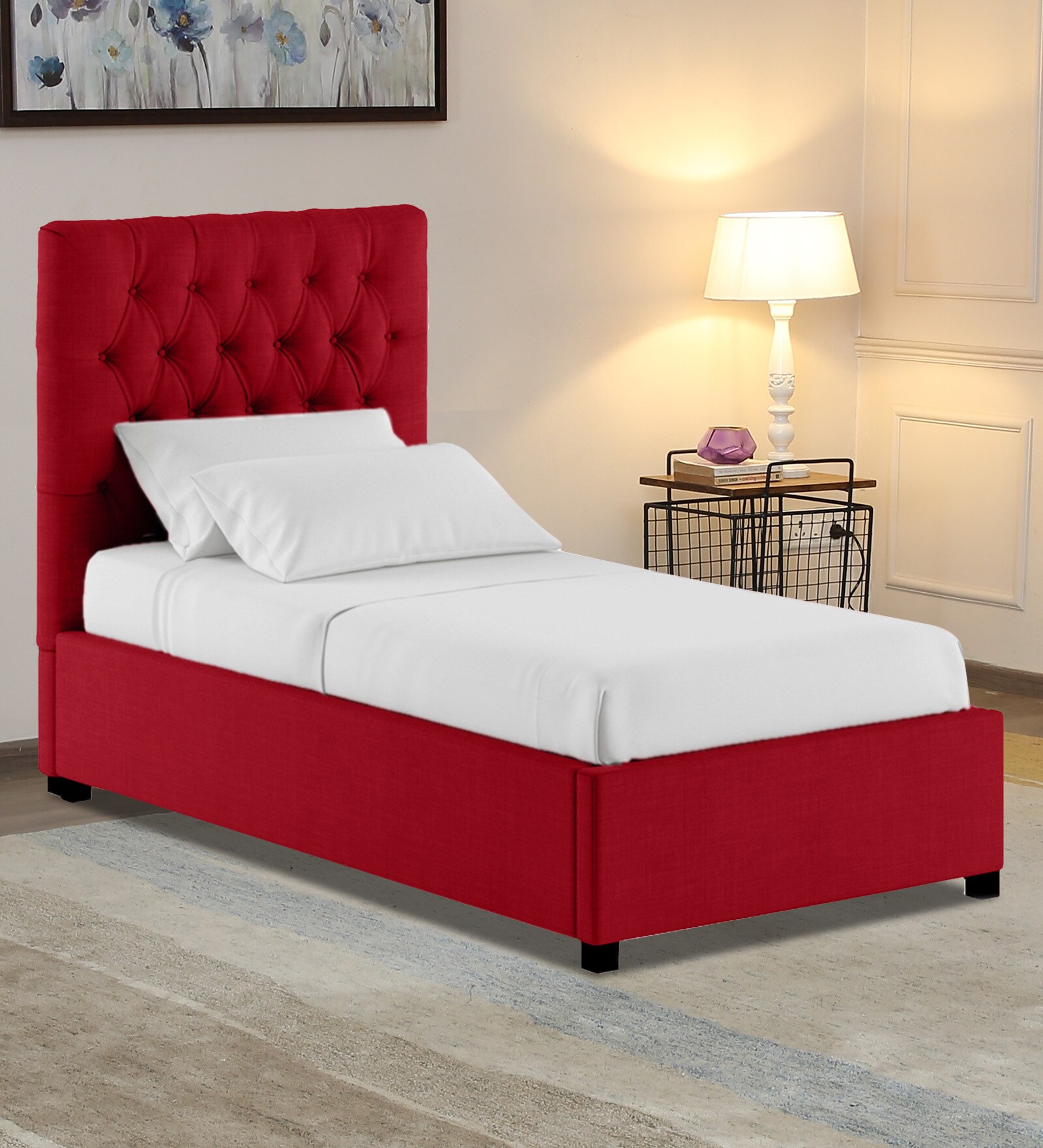 Buy Isko Fabric Upholstered Single Bed in Blood Maroon Colour with Box