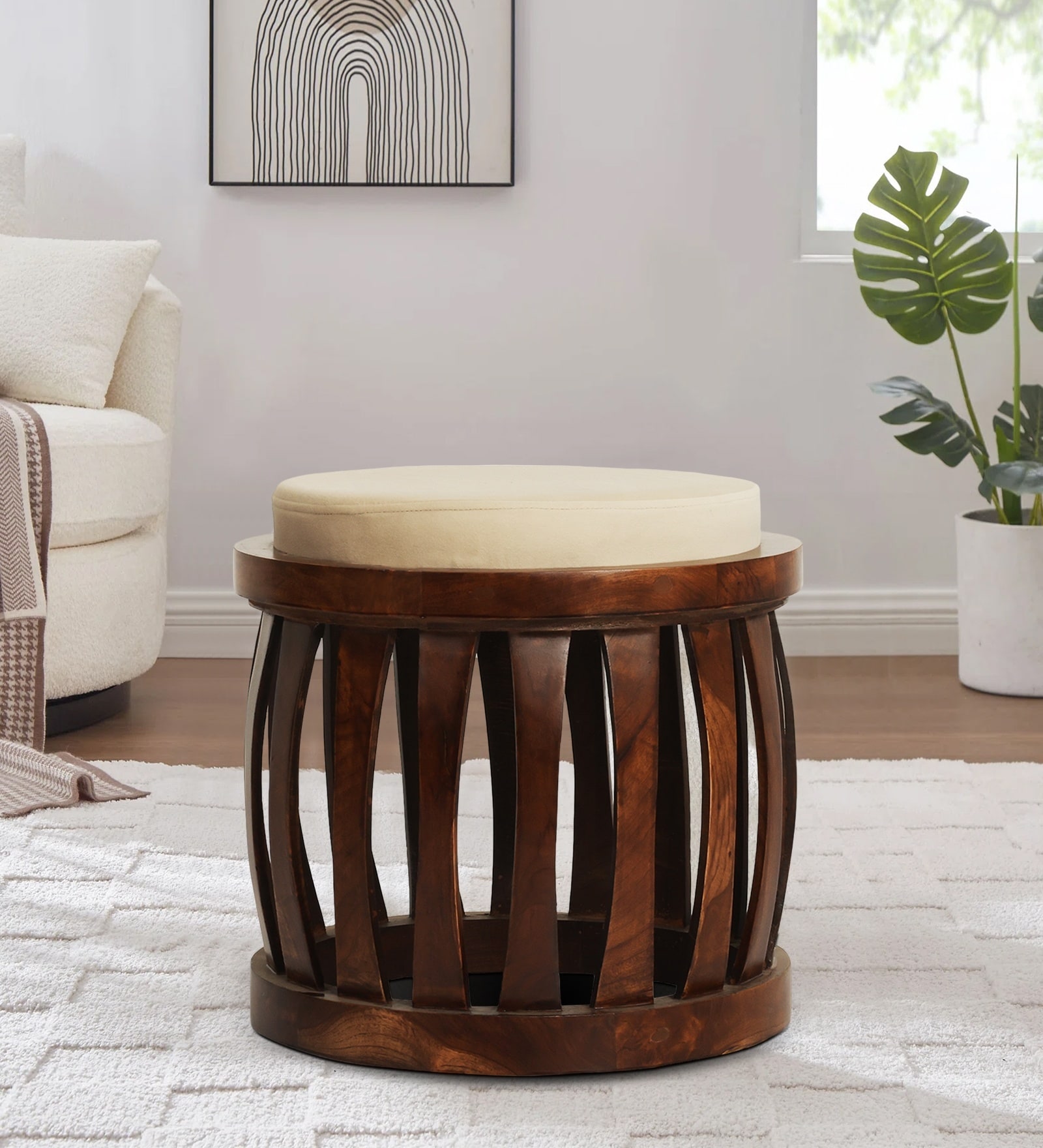 Ismo Teak Wood Stool In Beige Color