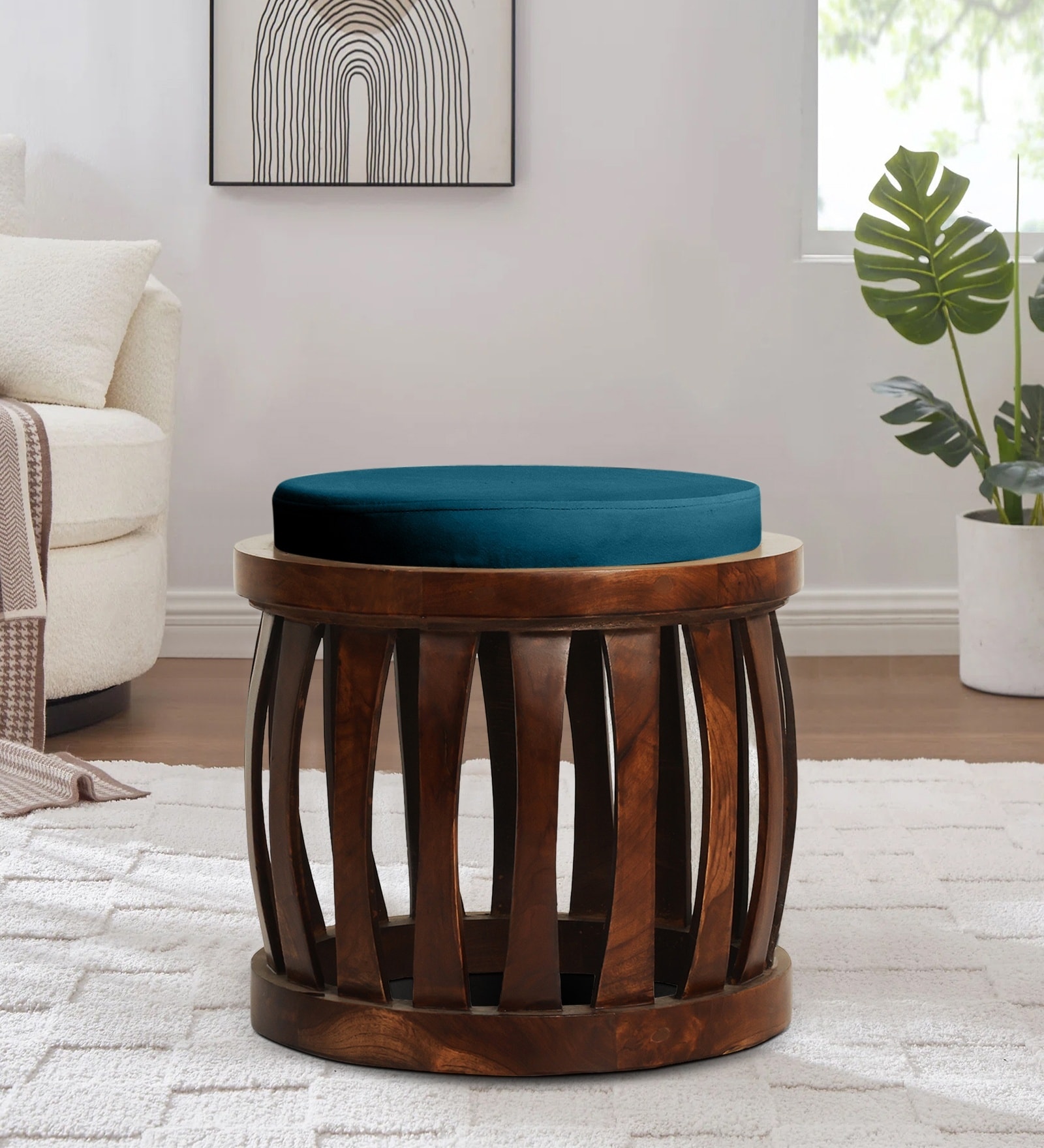 Ismo Teak Wood Stool In Blue Color