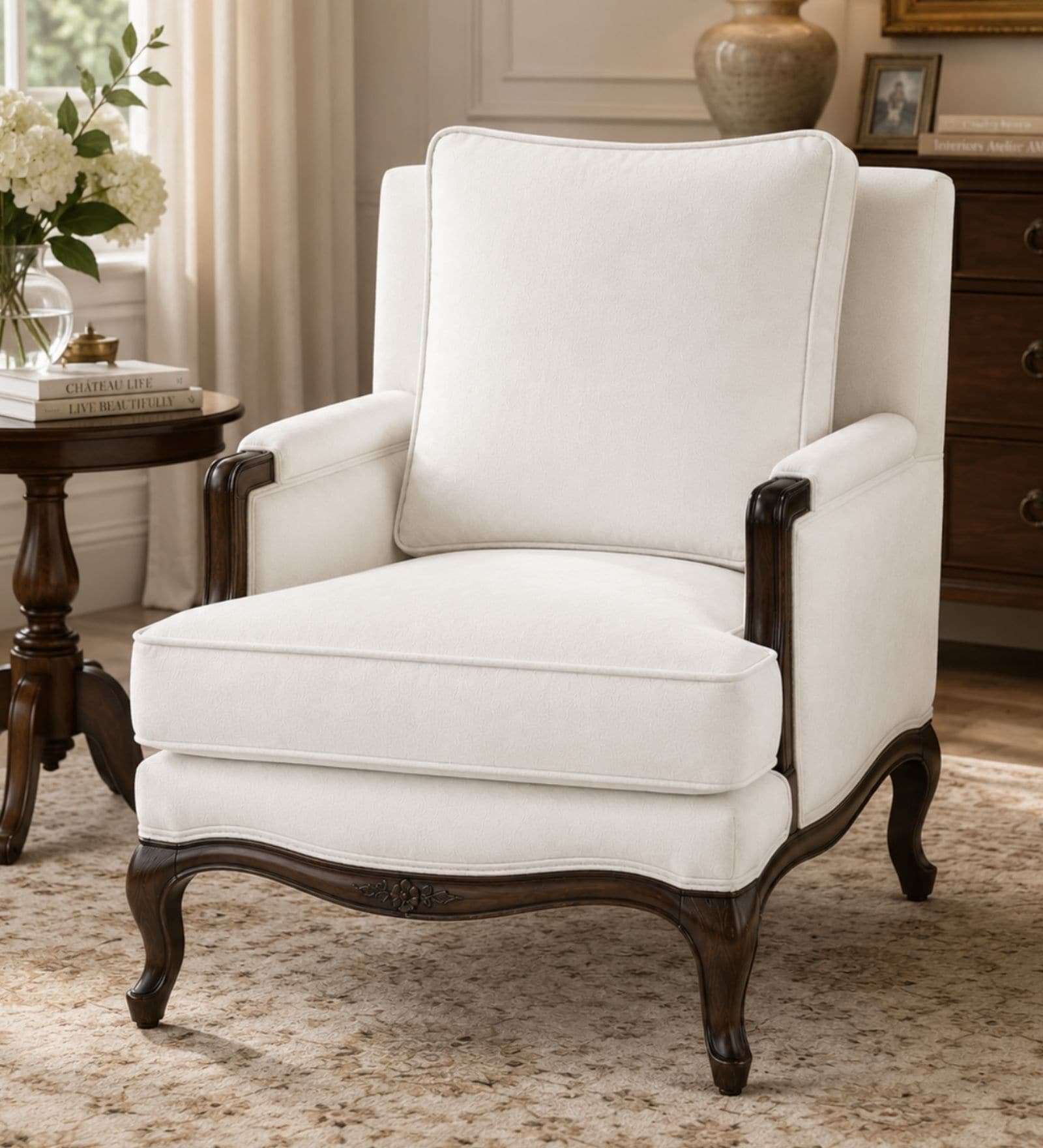 Isola Teak Wood Arm Chair With Suede Fabric In White Colour