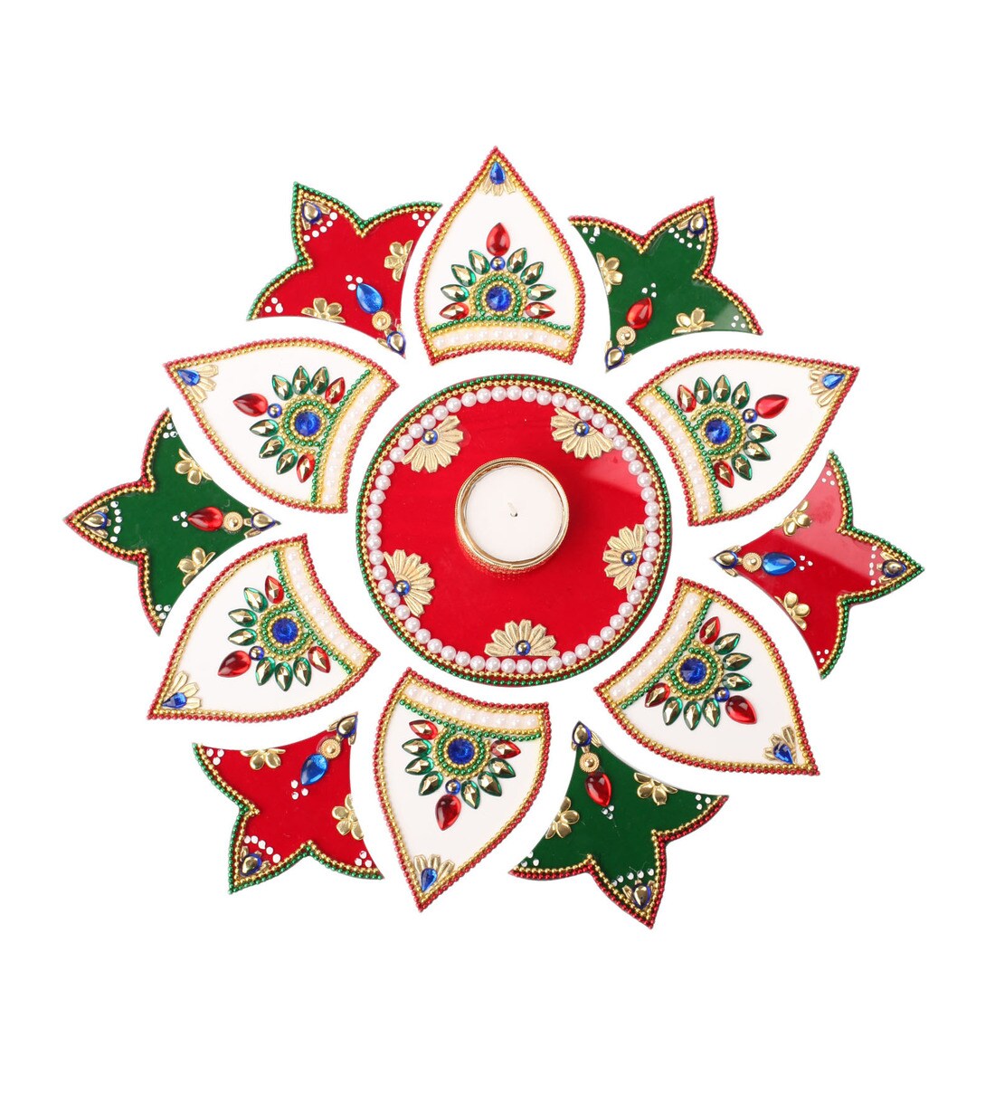 Buy Multicolor Acrylic Rangoli with Golden Tealight Holder and Candle