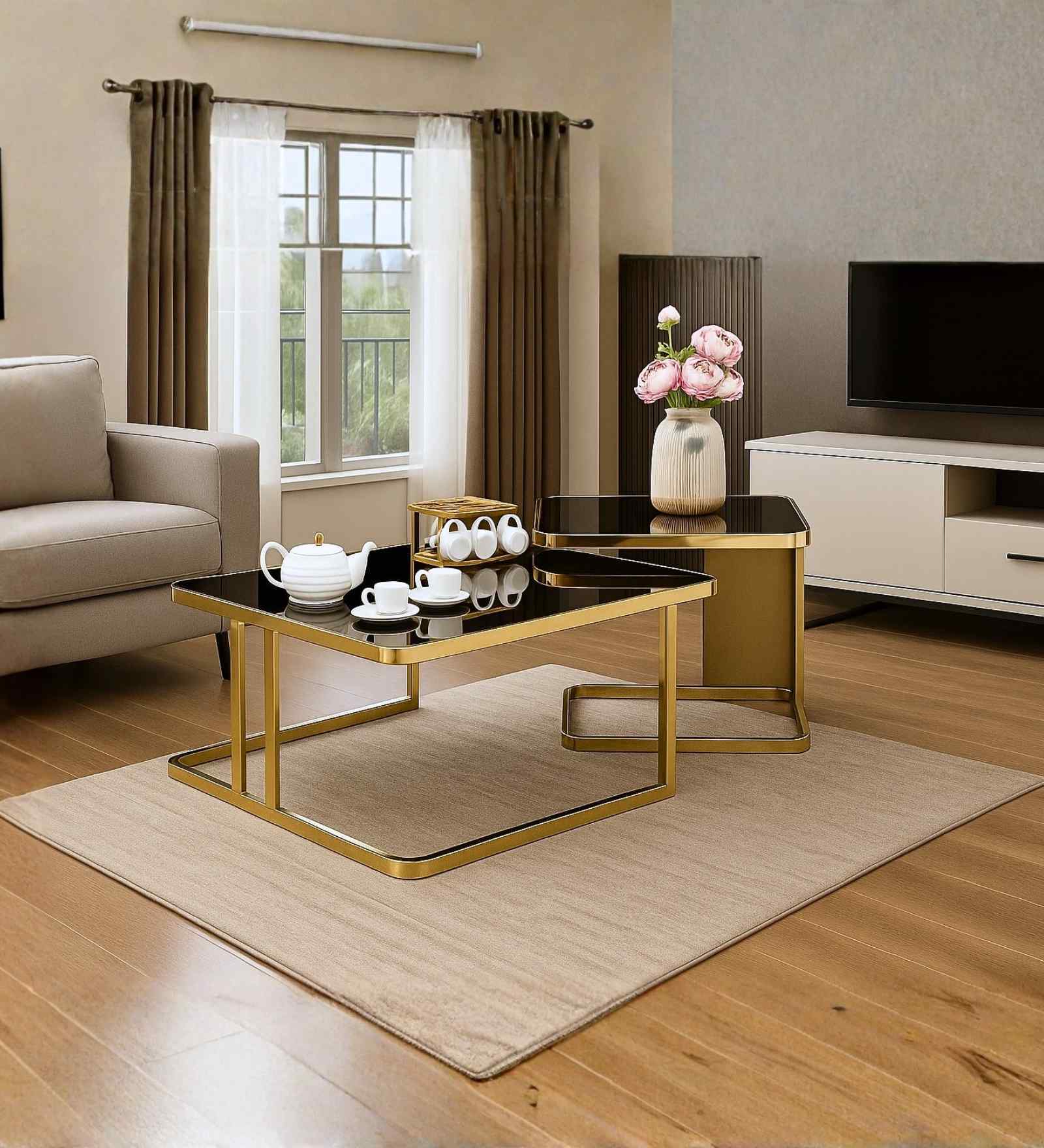 Italian Glass Nesting Coffee Table Set of 2 In Gold Finish