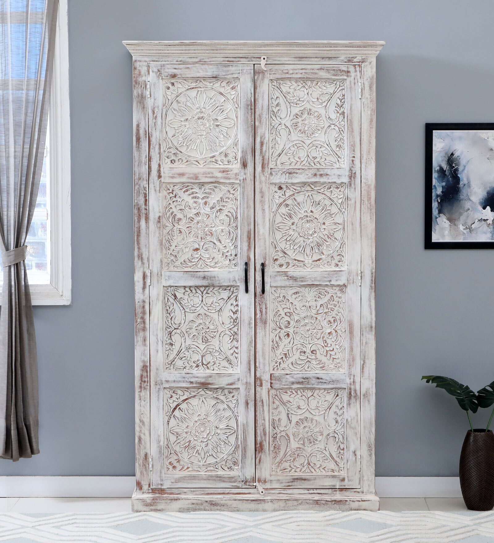 Ivor Solid Wood 2 Door Wardrobe In White Distress Finish
