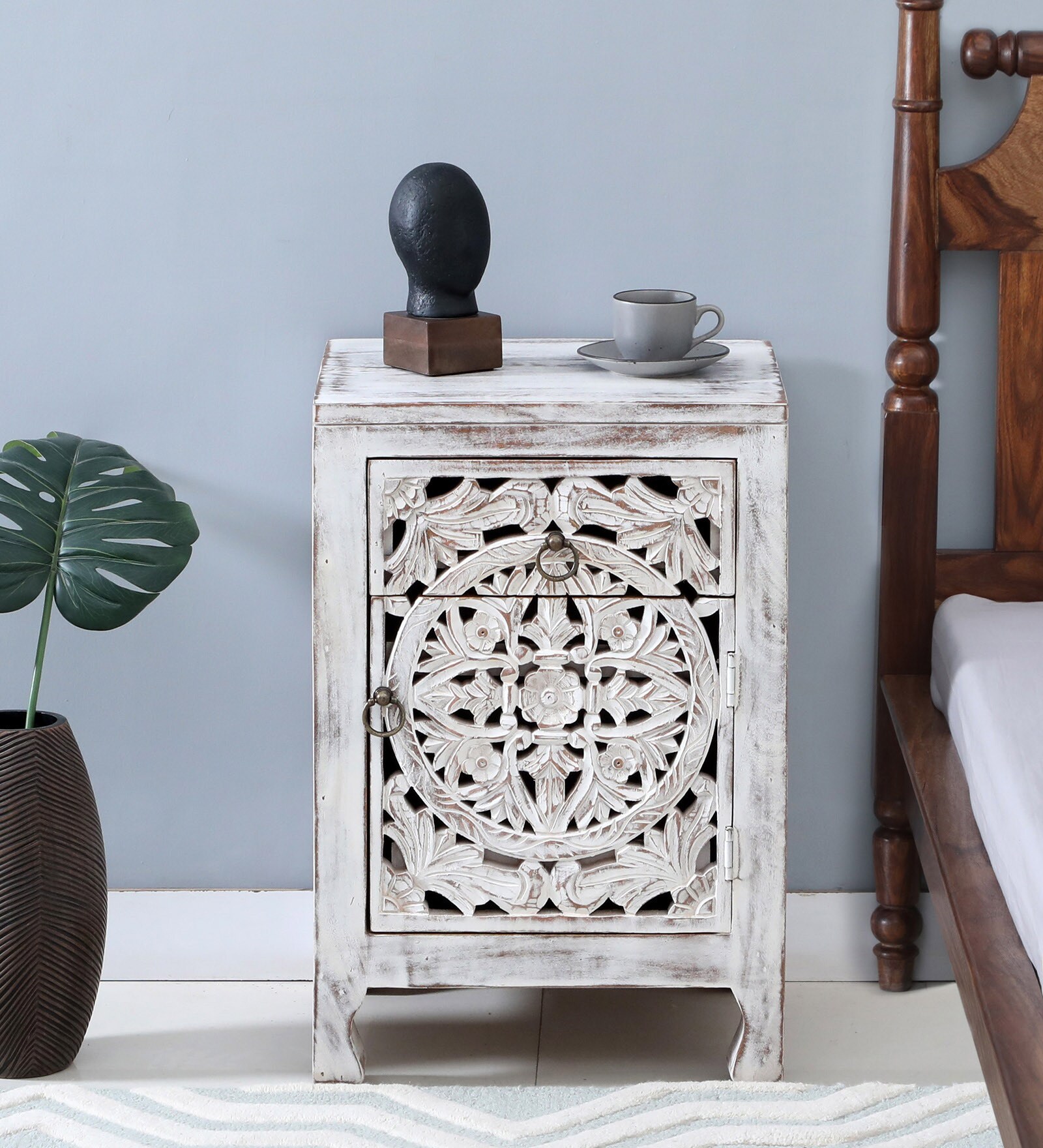 Ivor Solid Wood Bedside Table In White Distress Finish