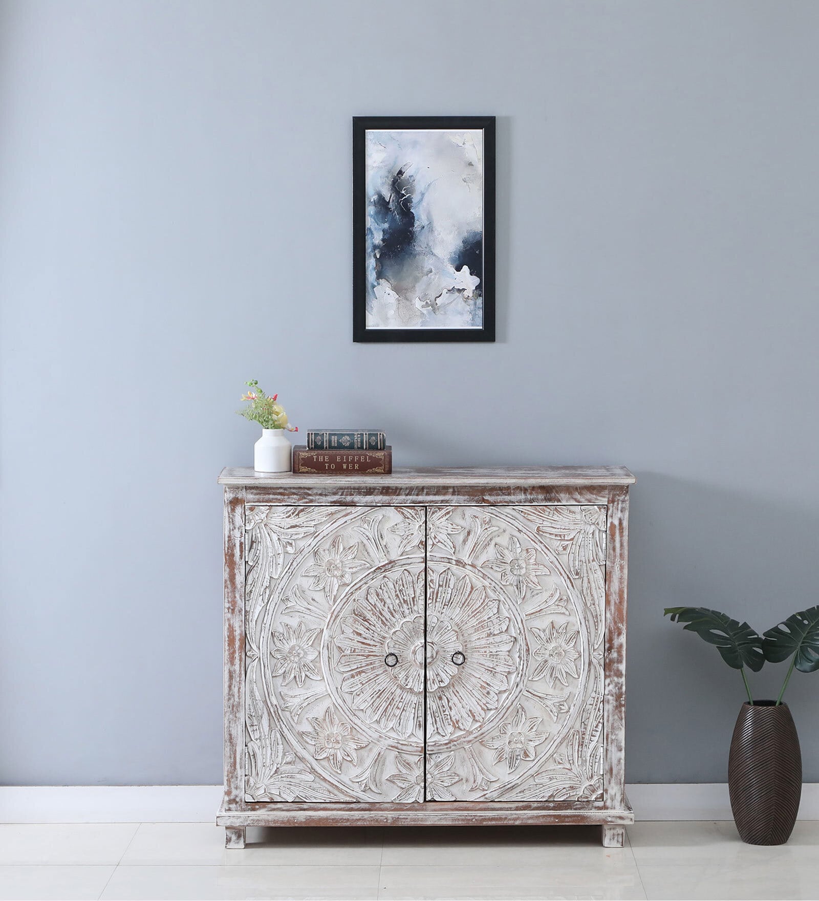 Ivor Solid Wood Cabinet In White Distress Finish