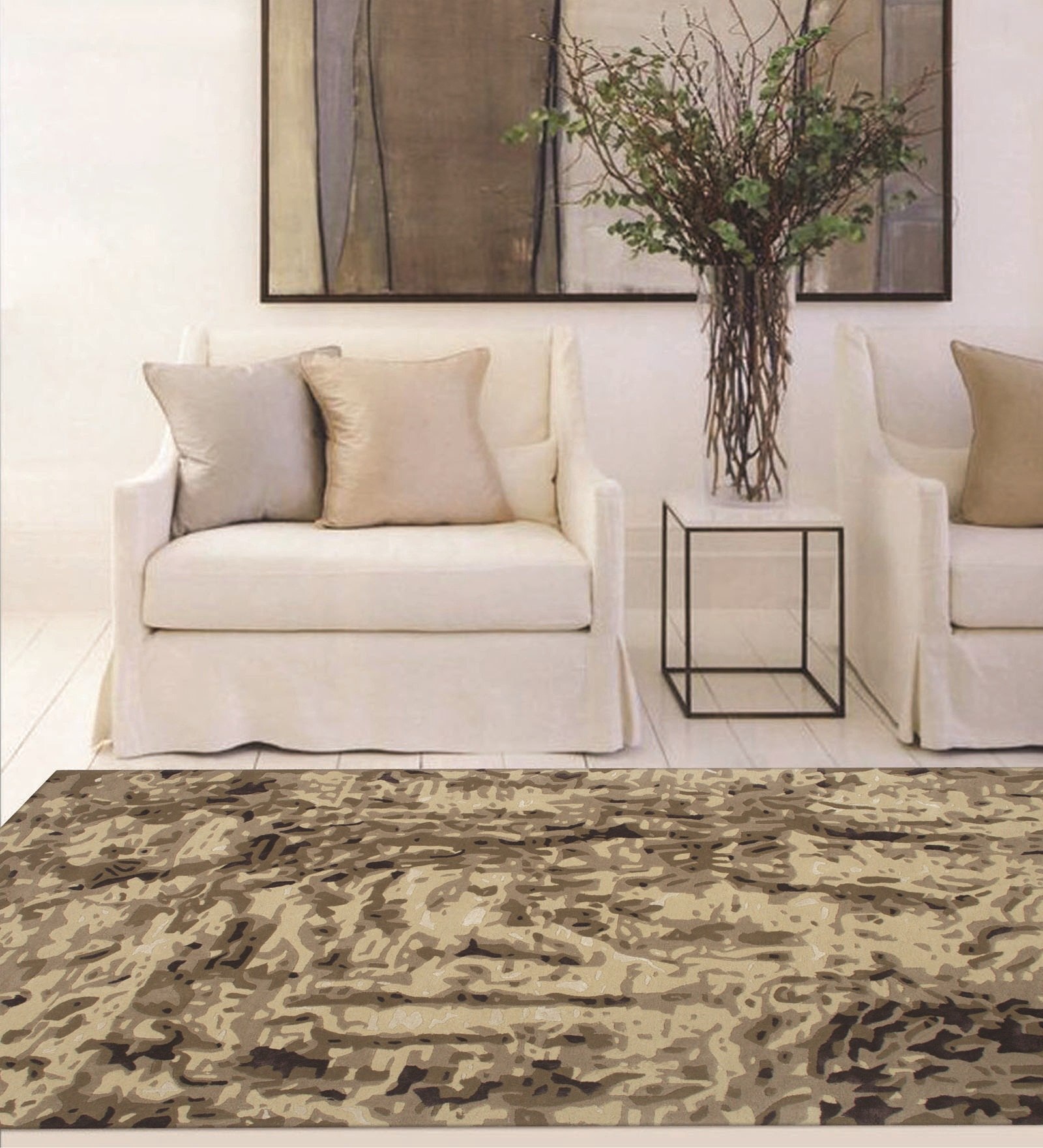 Ivory & Beige Abstract Wool And Viscose 4 ft x 6 ft Hand tufted Carpet 