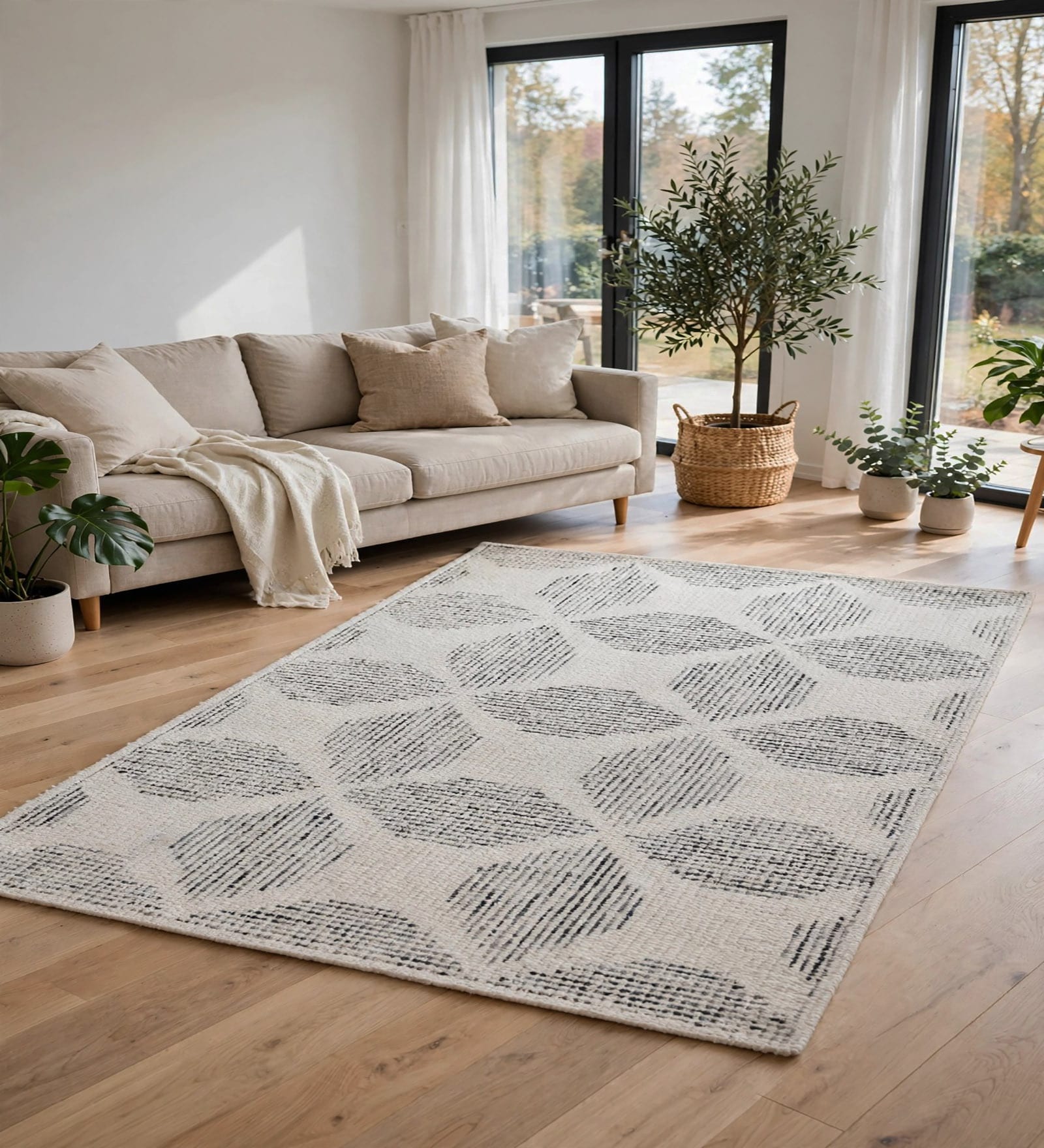 Ivory & Charcoal Contemporary Wool And Cotton 8 X 5 Feet Hand Tufted Carpet