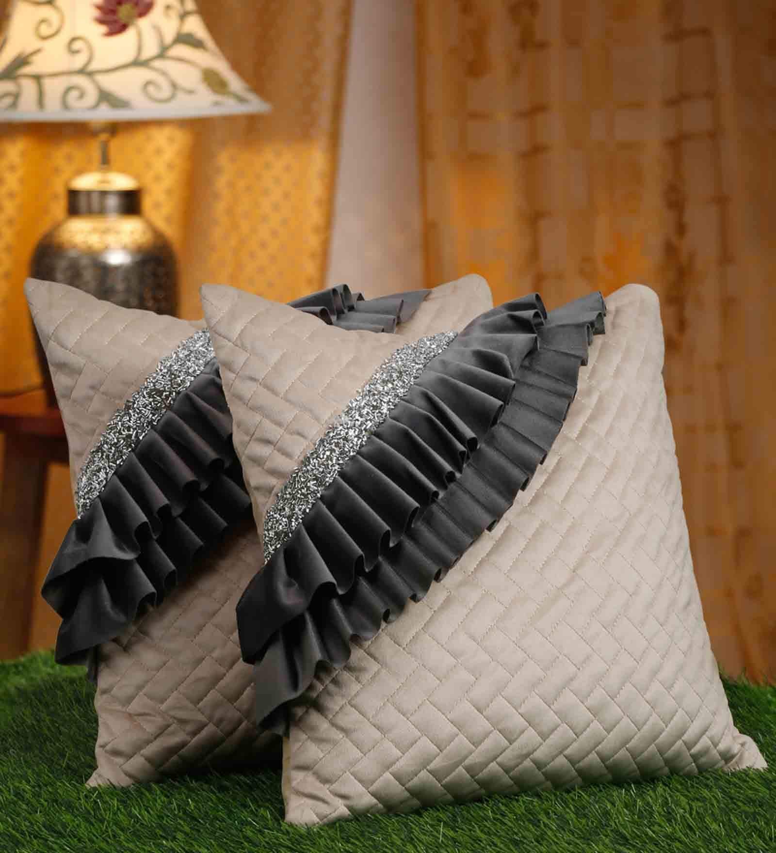 Ivory & Grey Velvet Textured 20x20 inches (Set of 2) Cushion Covers