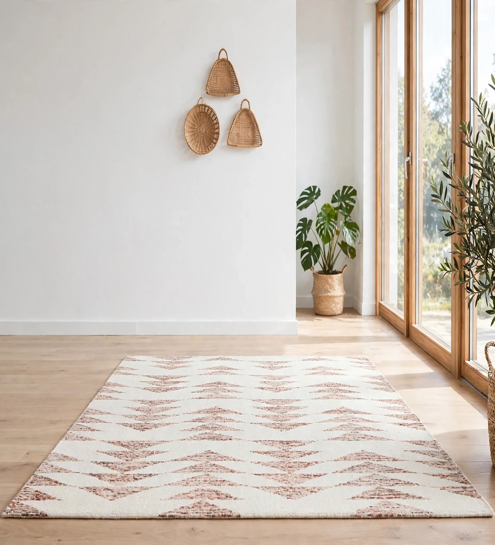 Ivory / Rust Geometric Wool And Cotton 7 X 5 Feet Hand Tufted Carpet