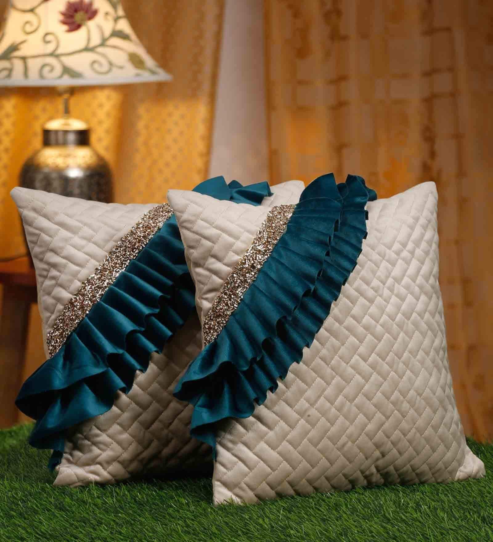 Ivory & Teal Velvet Textured 20x20 inches (Set of 2) Cushion Covers