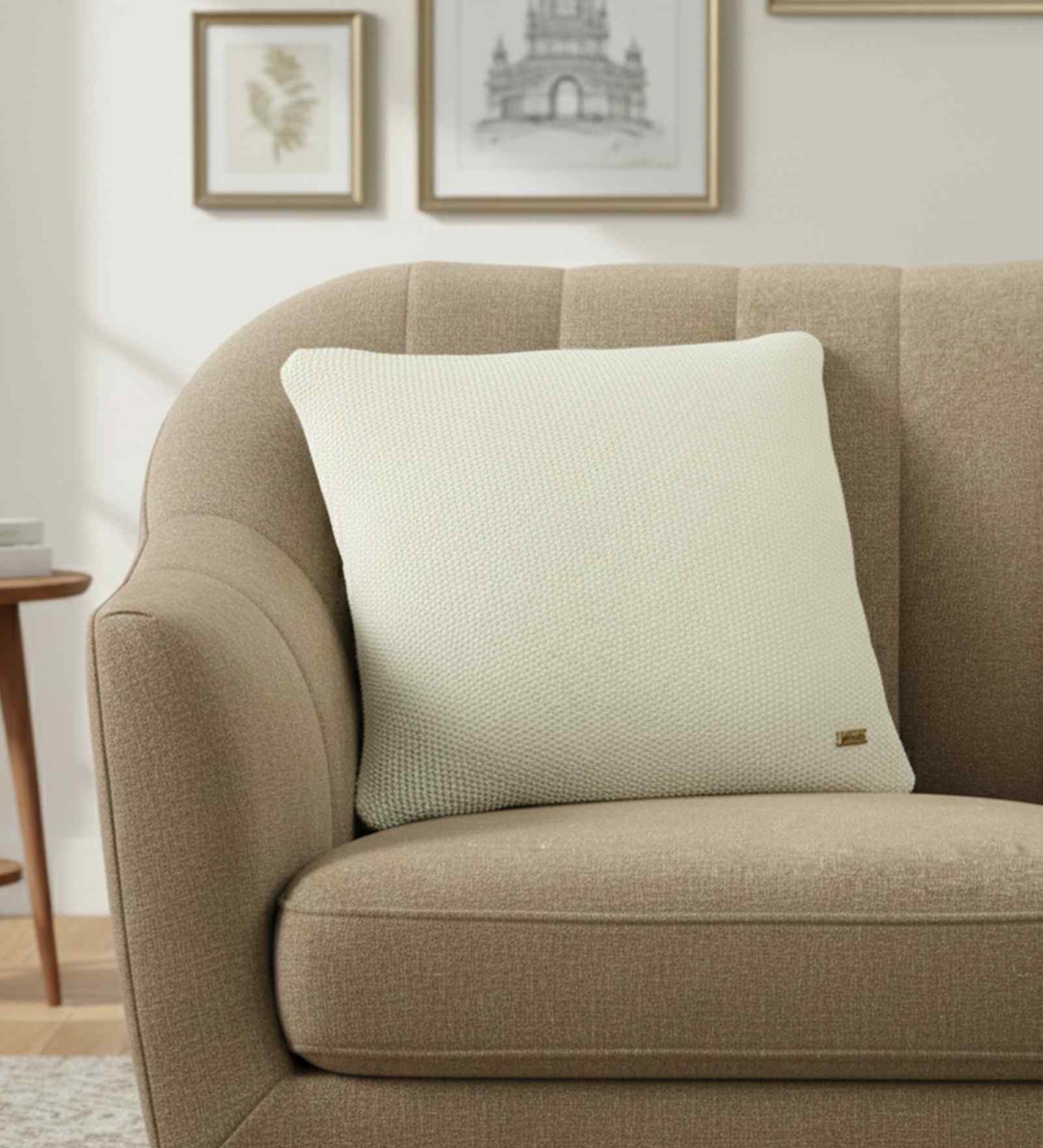 Ivory 100% Cotton Mini Moss 16X16 Inches Knitted Cushion Cover