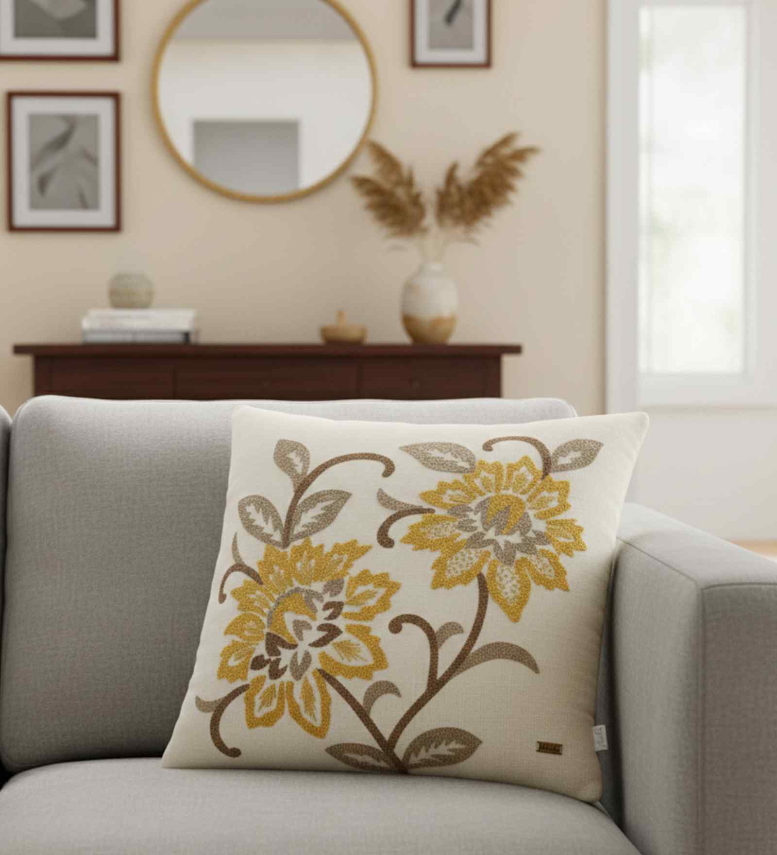 Ivory 100% Cotton Slub Blush- Embroidery 18X18 Inches Knitted Cushion Cover