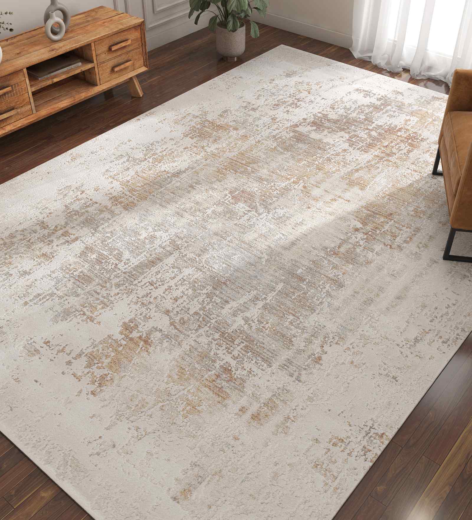 Ivory Abstract Polyester 5x7.5 Feet Machine Made Carpet Ivory Abstract Polyester 5x7.5 Feet Machine Made Carpet